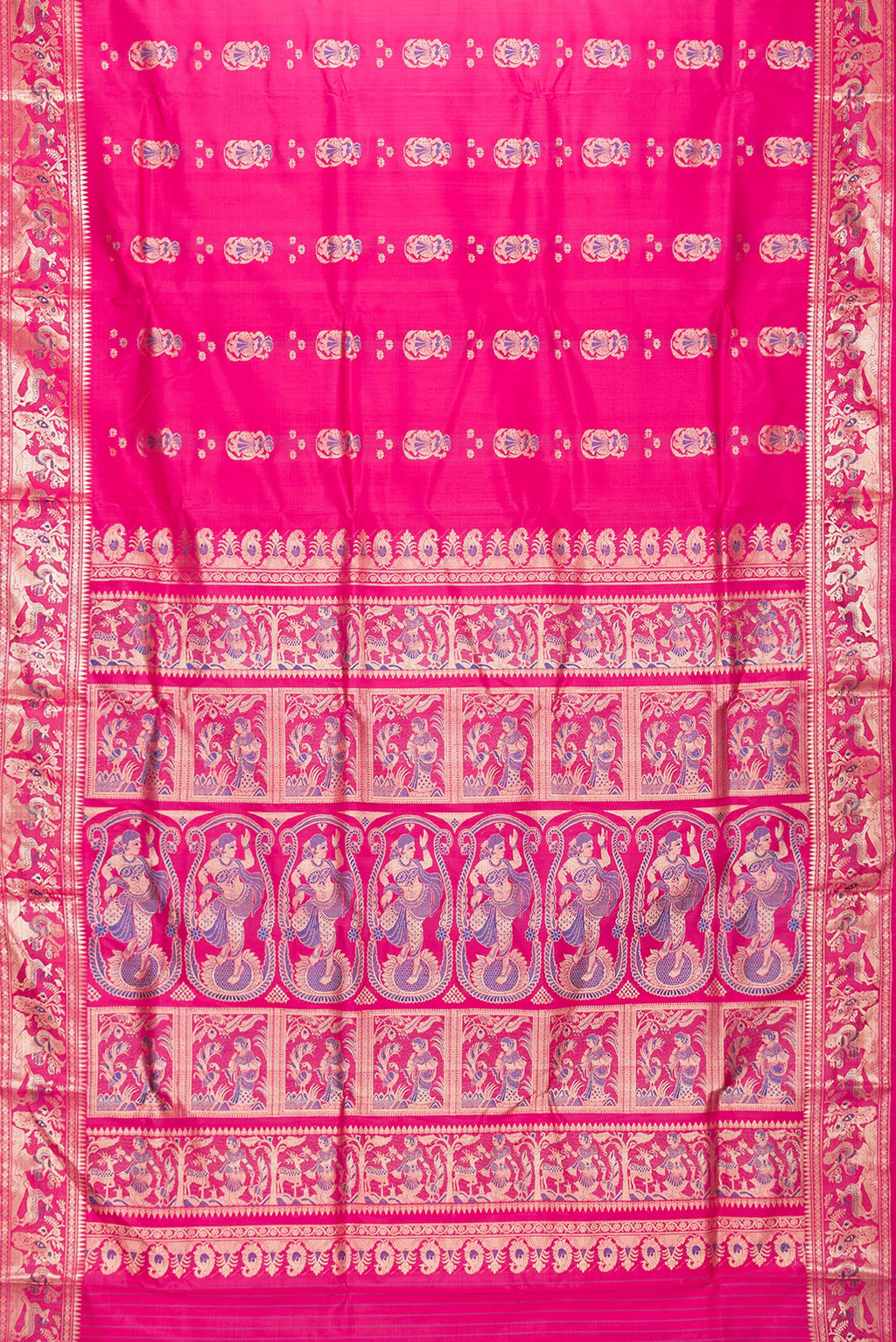 Flat view of Pink Dual Tone Baluchari Silk Saree with Zari And Thread Butta on the body and Fancy Border. 