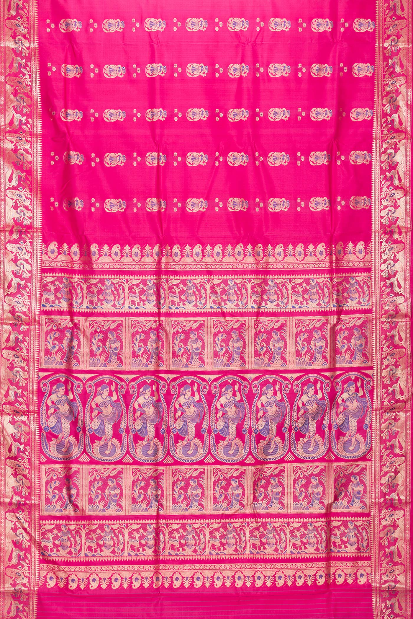 Flat view of Pink Dual Tone Baluchari Silk Saree with Zari And Thread Butta on the body and Fancy Border. 