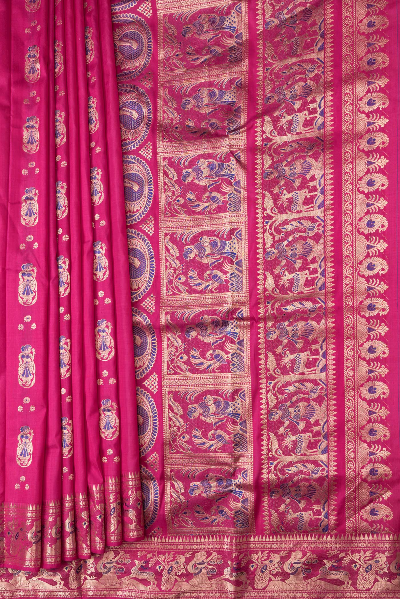 Pleats and pallu of Pink Dual Tone Baluchari Silk Saree with Zari And Thread Butta on the body and Fancy Border. 