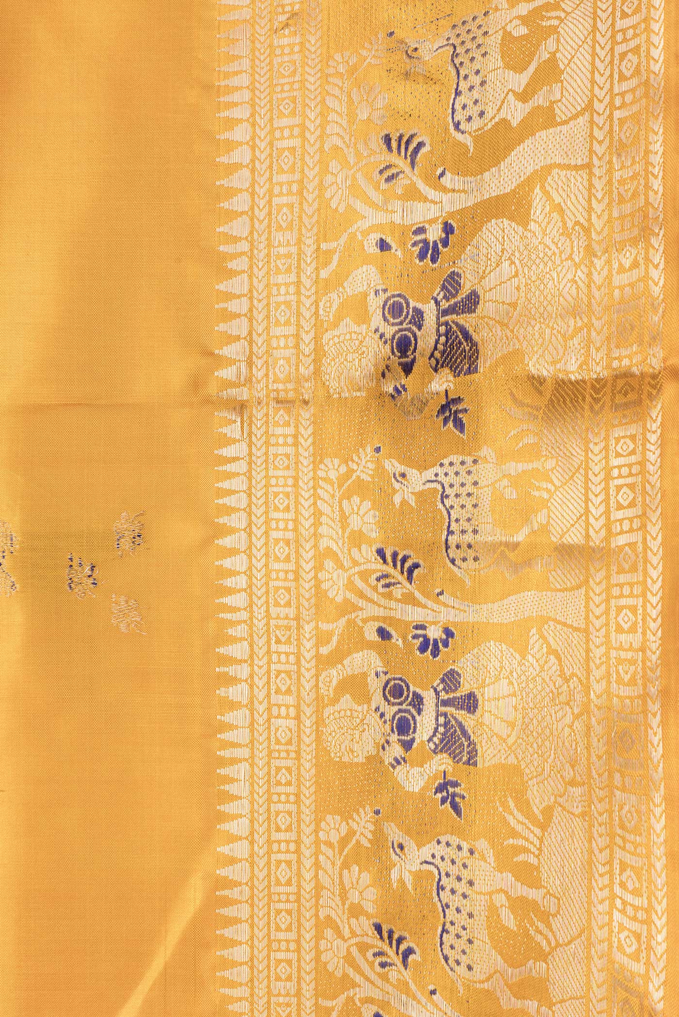 Border image of Mustard Dual Tone Baluchari Silk Saree with Zari And Thread Butta on the body and Fancy Border. 