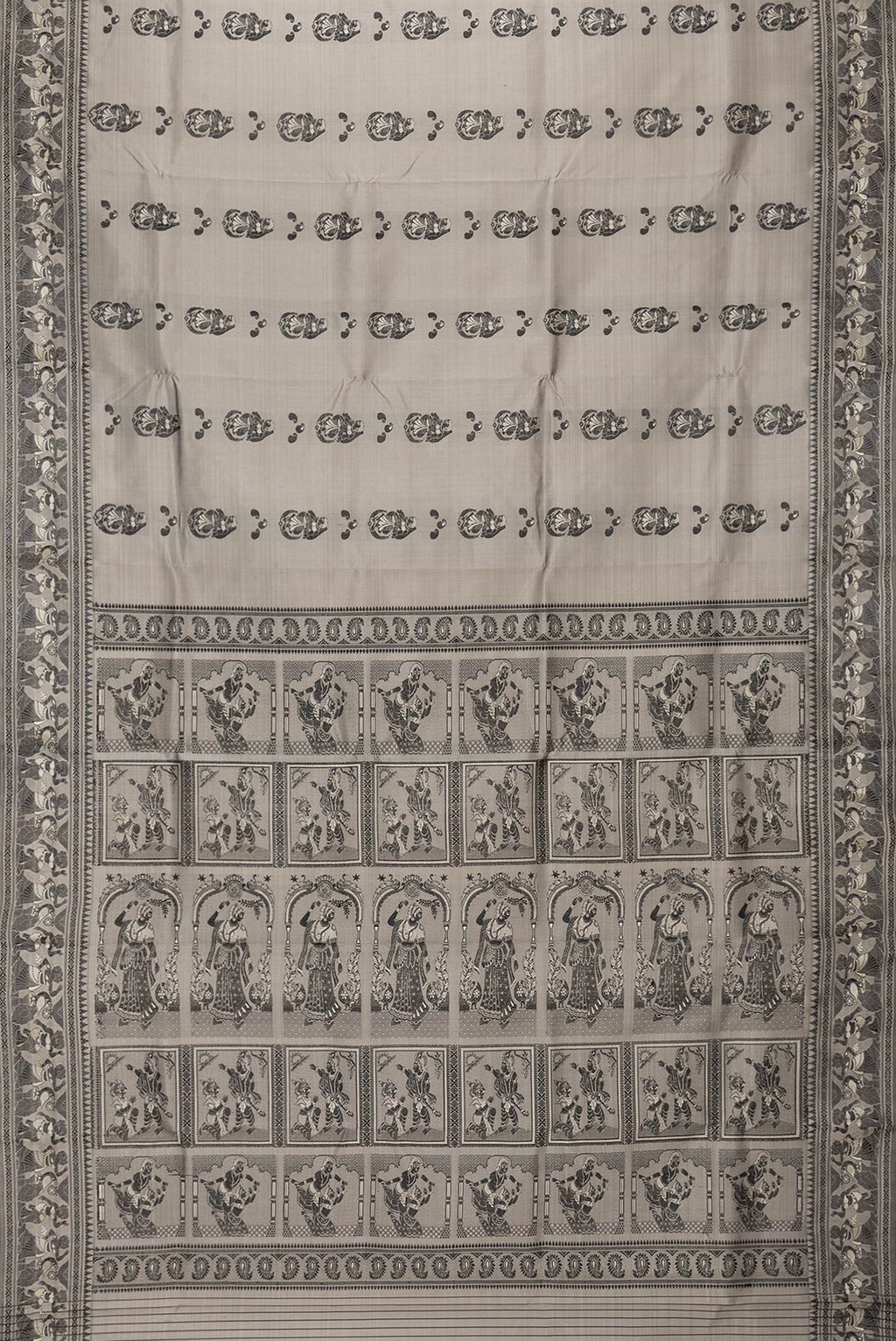 Flat view of Grey Dual Tone Baluchari Silk Saree with Thread Butta on the body and Fancy Border. 