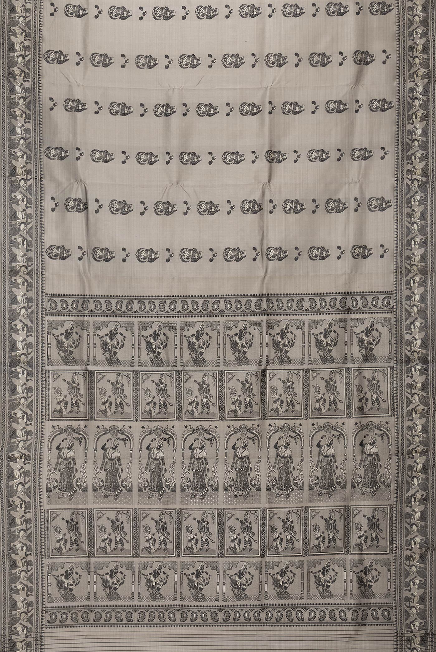 Flat view of Grey Dual Tone Baluchari Silk Saree with Thread Butta on the body and Fancy Border. 