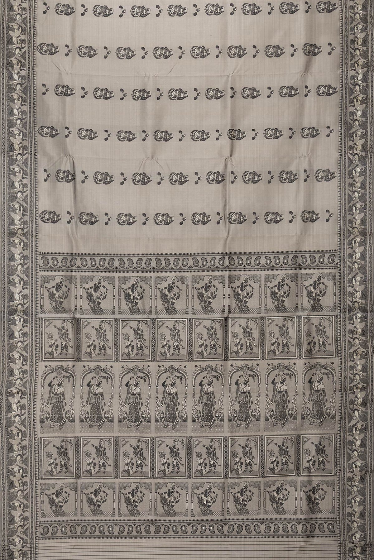 Flat view of Grey Dual Tone Baluchari Silk Saree with Thread Butta on the body and Fancy Border. 