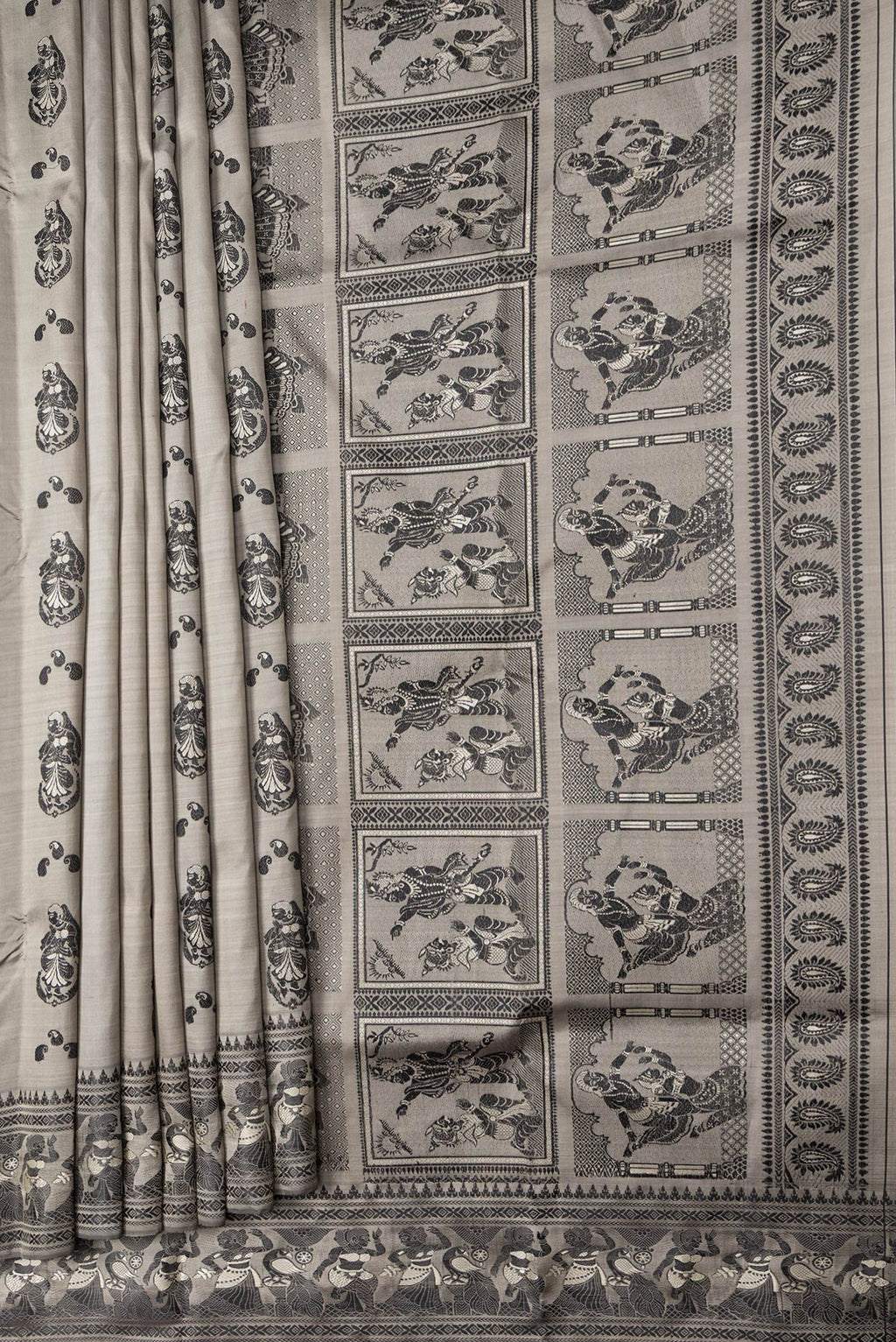 Pleats and pallu of Grey Dual Tone Baluchari Silk Saree with Thread Butta on the body and Fancy Border. 