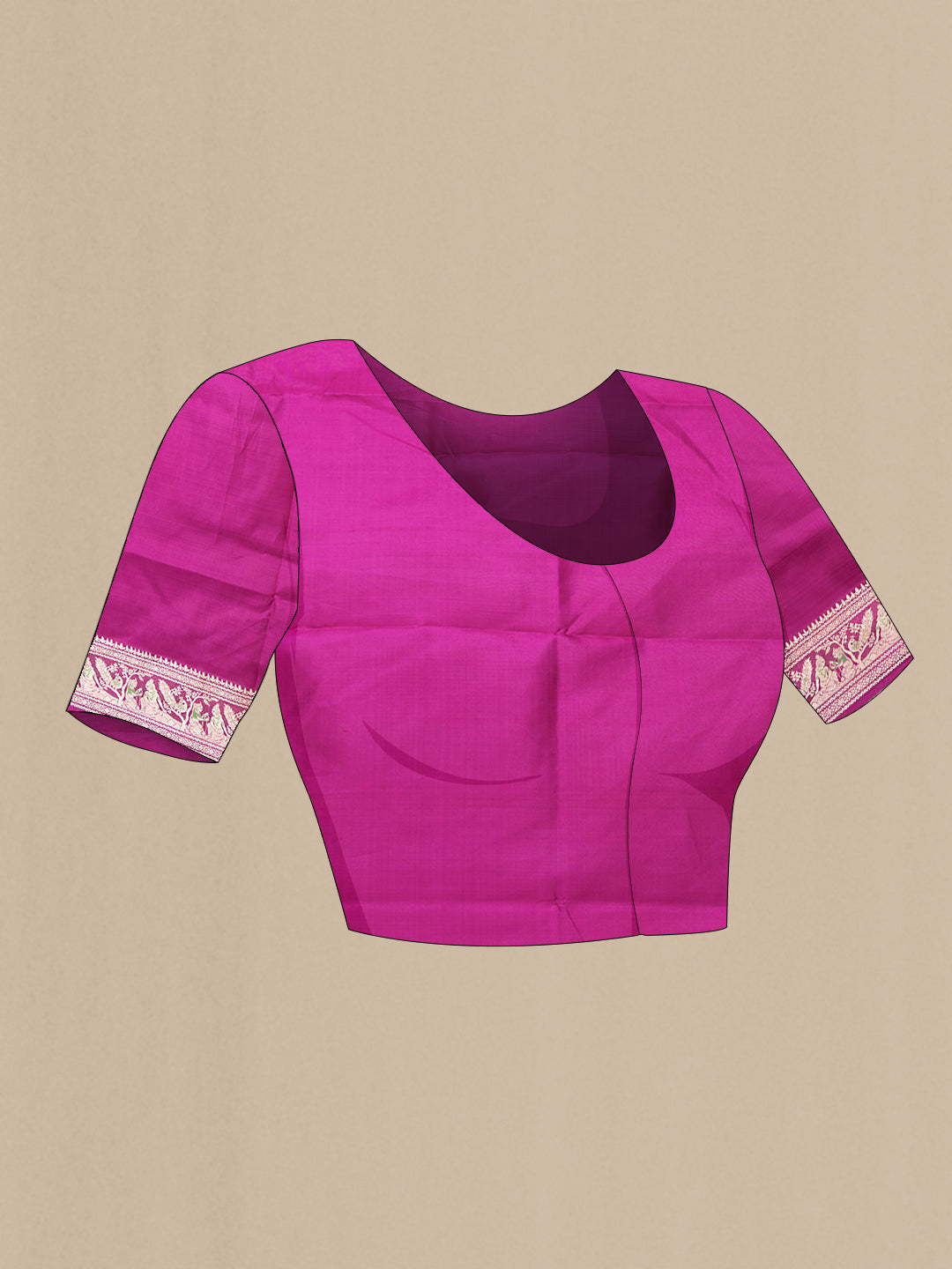 Close up image of the blouse of Magenta Dual Tone Baluchari Silk Saree with Thread Butta on the body and Fancy Border. 