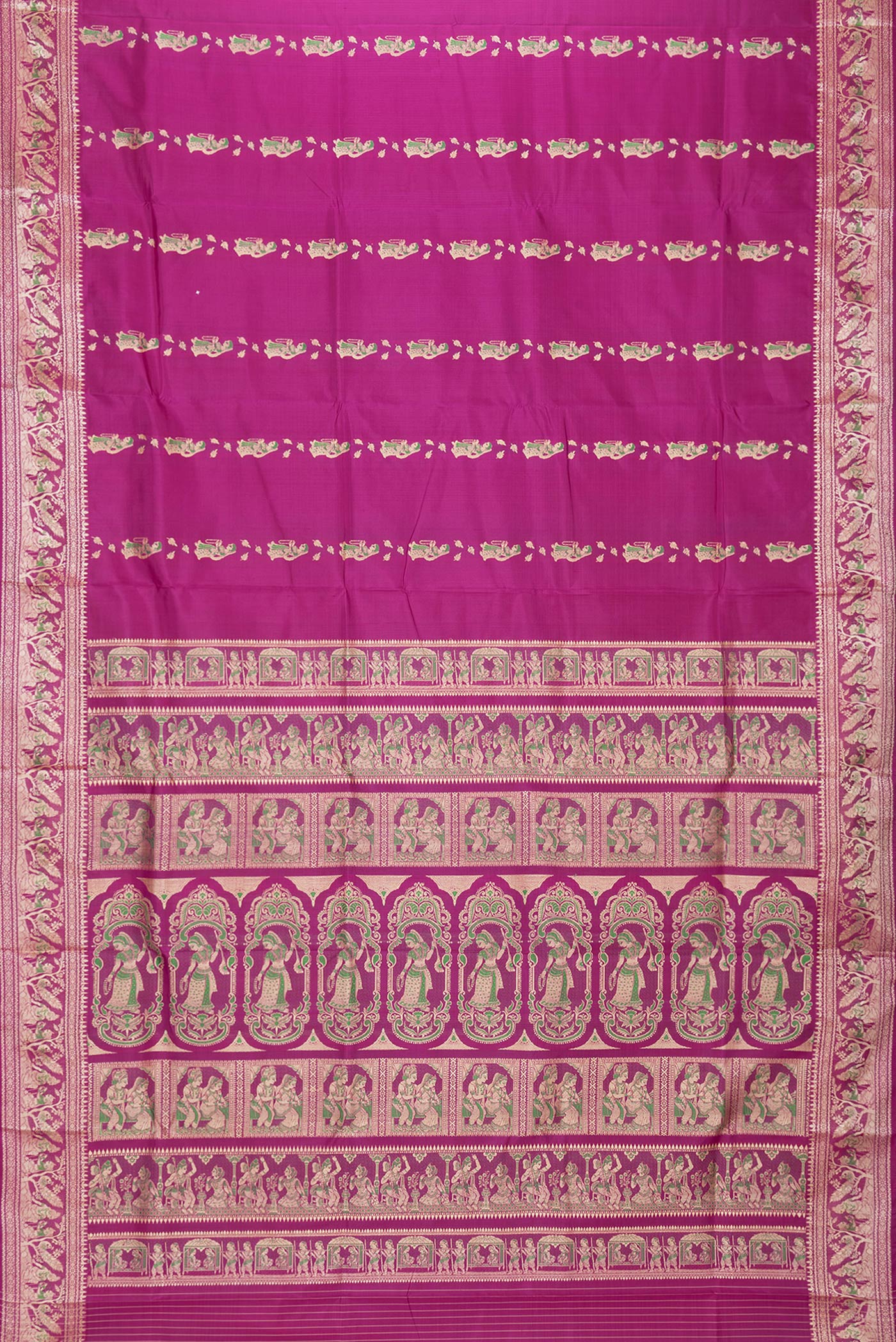 Flat view of Magenta Dual Tone Baluchari Silk Saree with Thread Butta on the body and Fancy Border. 