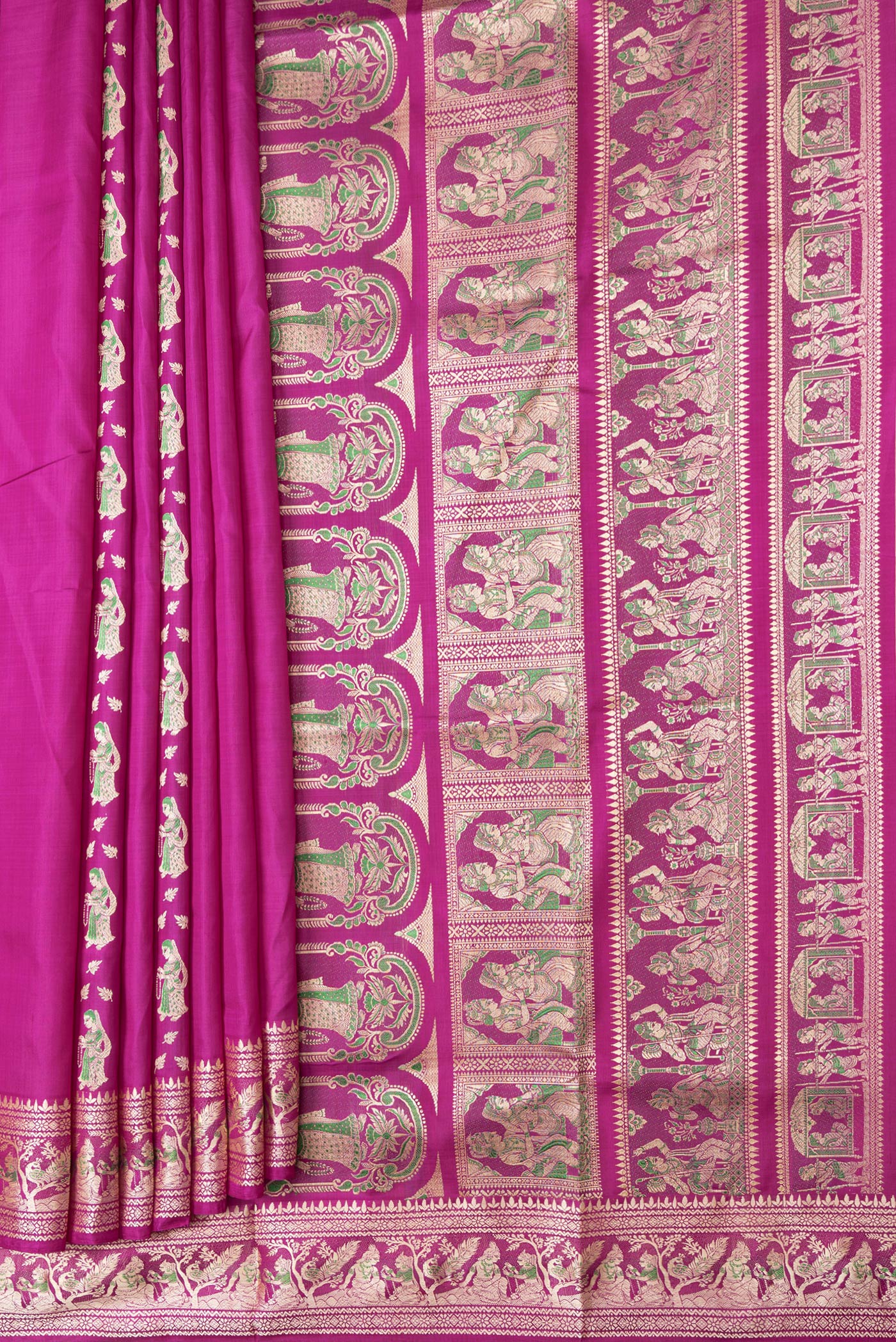 Pleats and pallu of Magenta Dual Tone Baluchari Silk Saree with Thread Butta on the body and Fancy Border. 