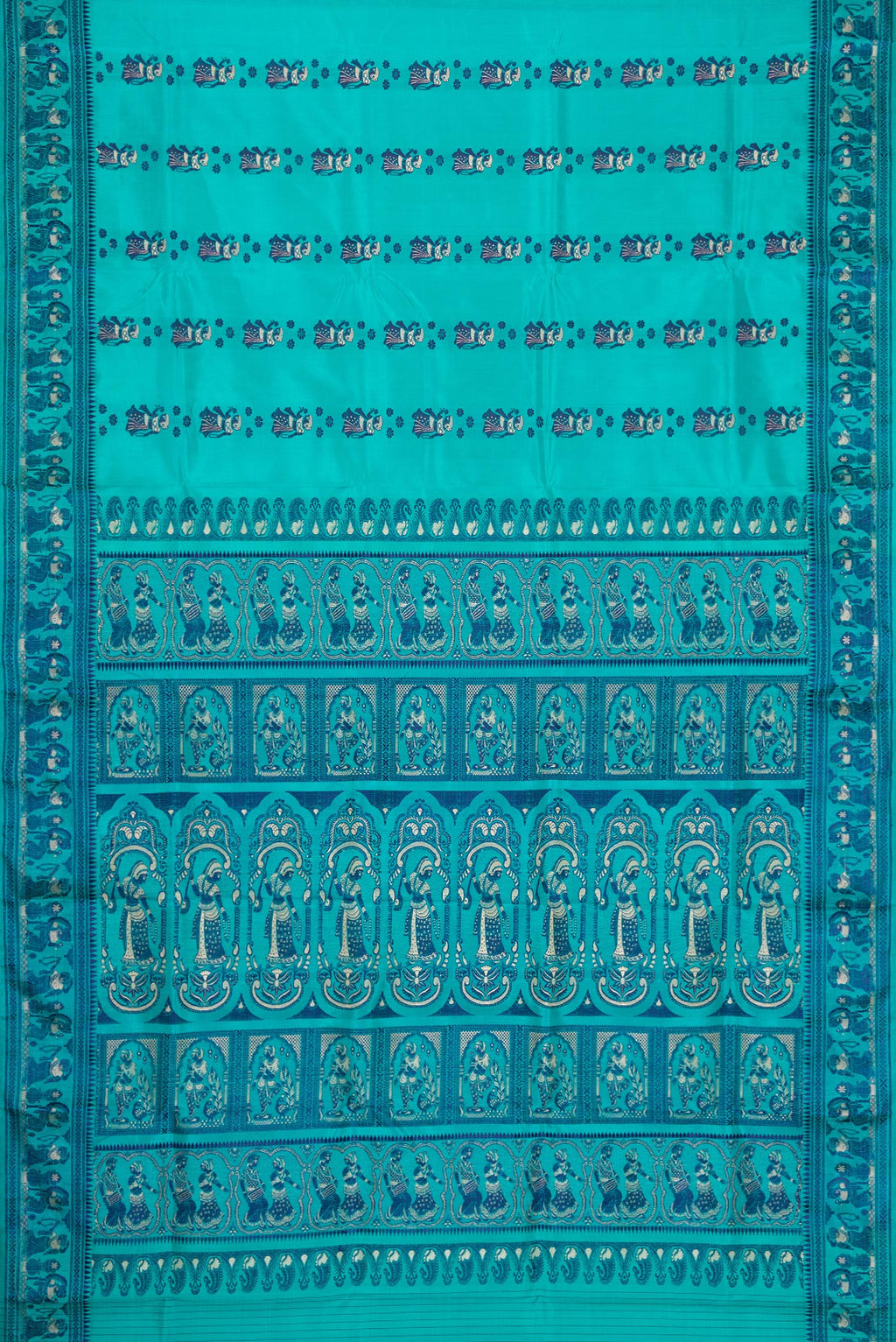 Flat view of Sky Blue Dual Tone Baluchari Silk Saree with Thread Butta on the body and Thread Border. 