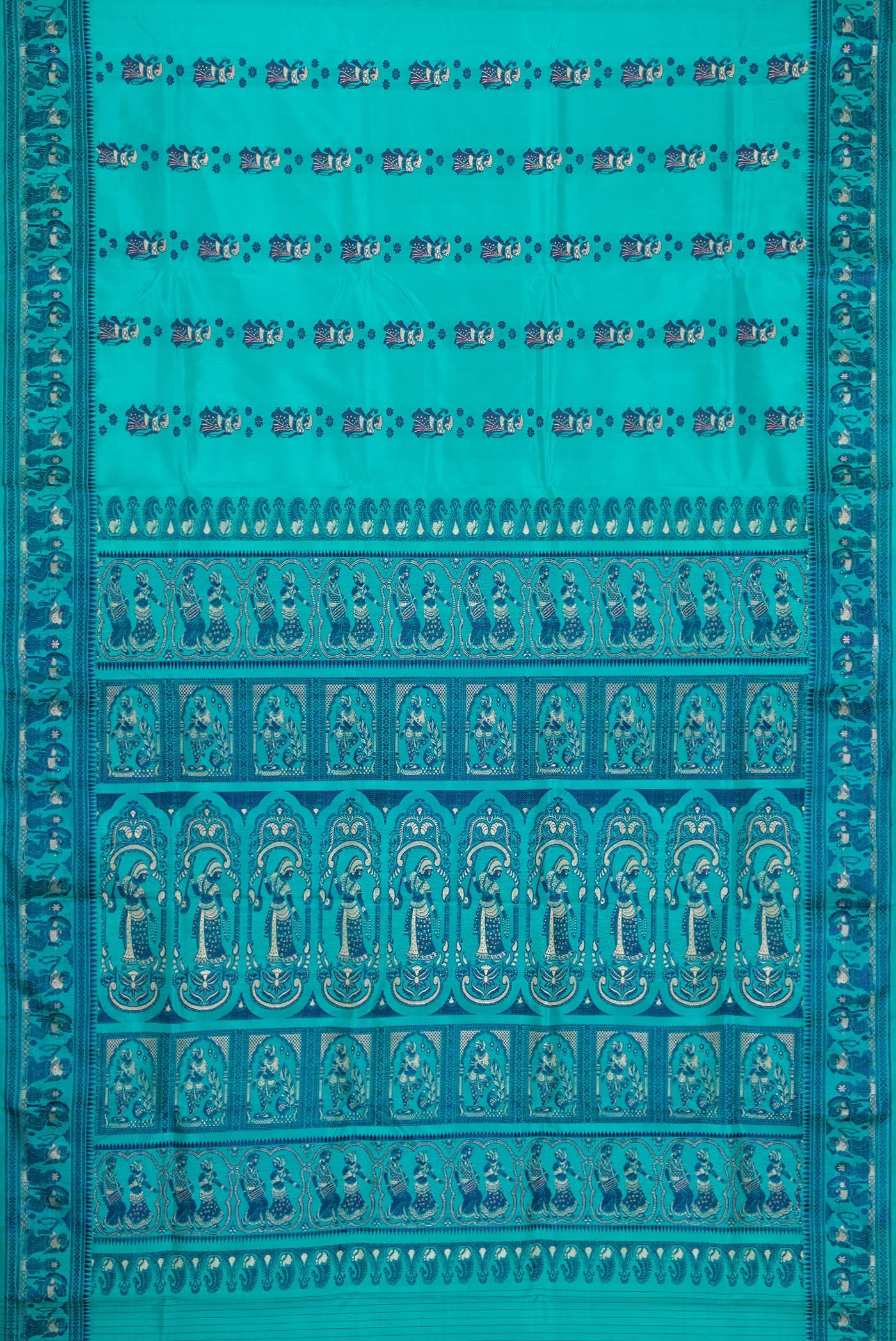Flat view of Sky Blue Dual Tone Baluchari Silk Saree with Thread Butta on the body and Thread Border. 