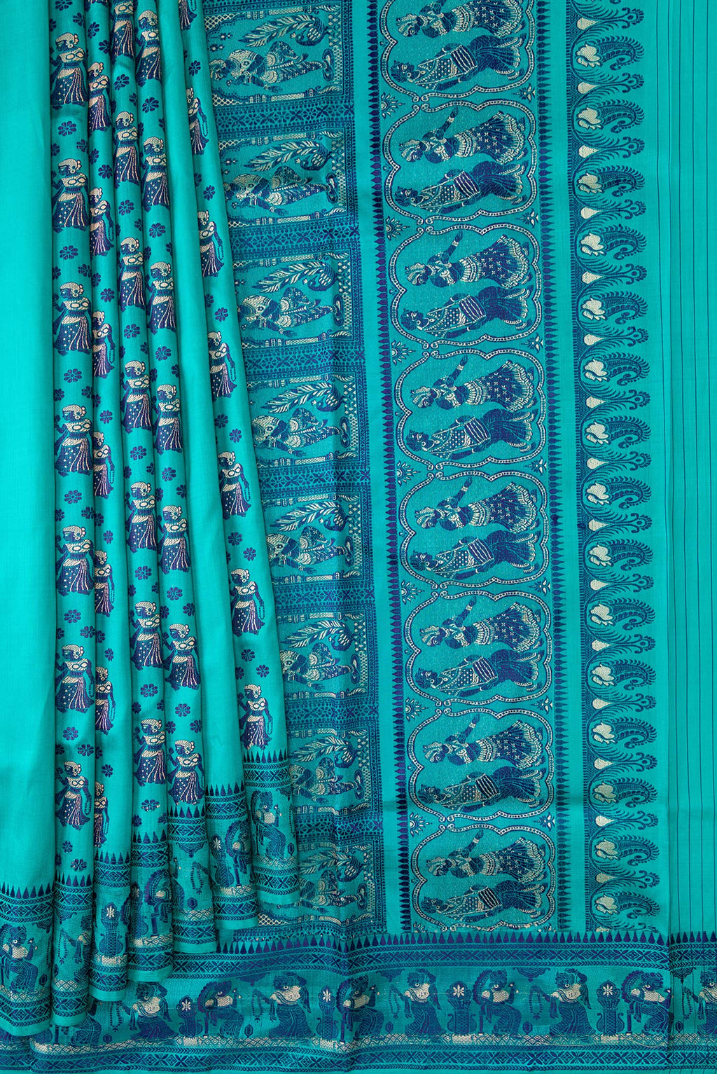Pleats and pallu of Sky Blue Dual Tone Baluchari Silk Saree with Thread Butta on the body and Thread Border. 