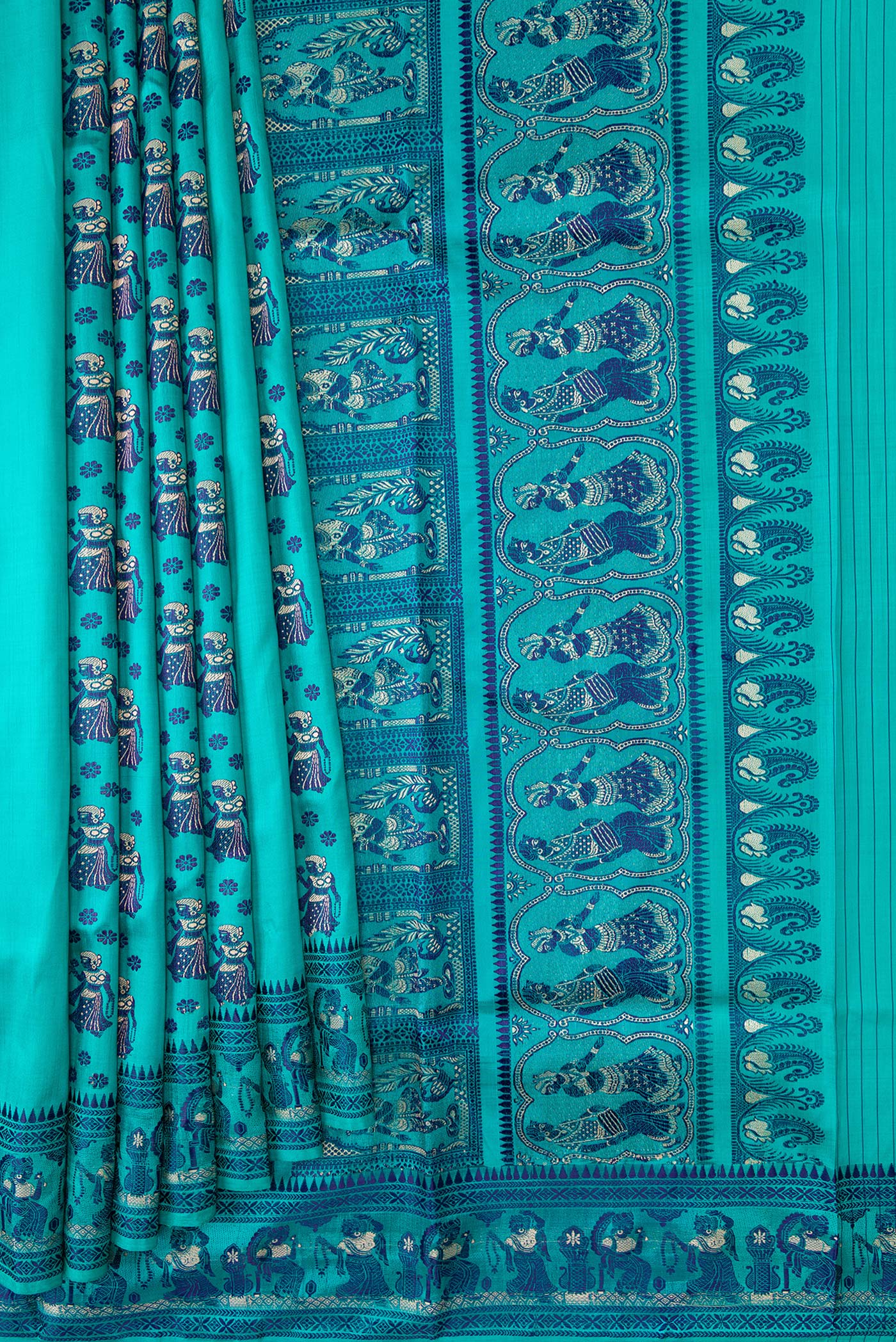 Pleats and pallu of Sky Blue Dual Tone Baluchari Silk Saree with Thread Butta on the body and Thread Border. 