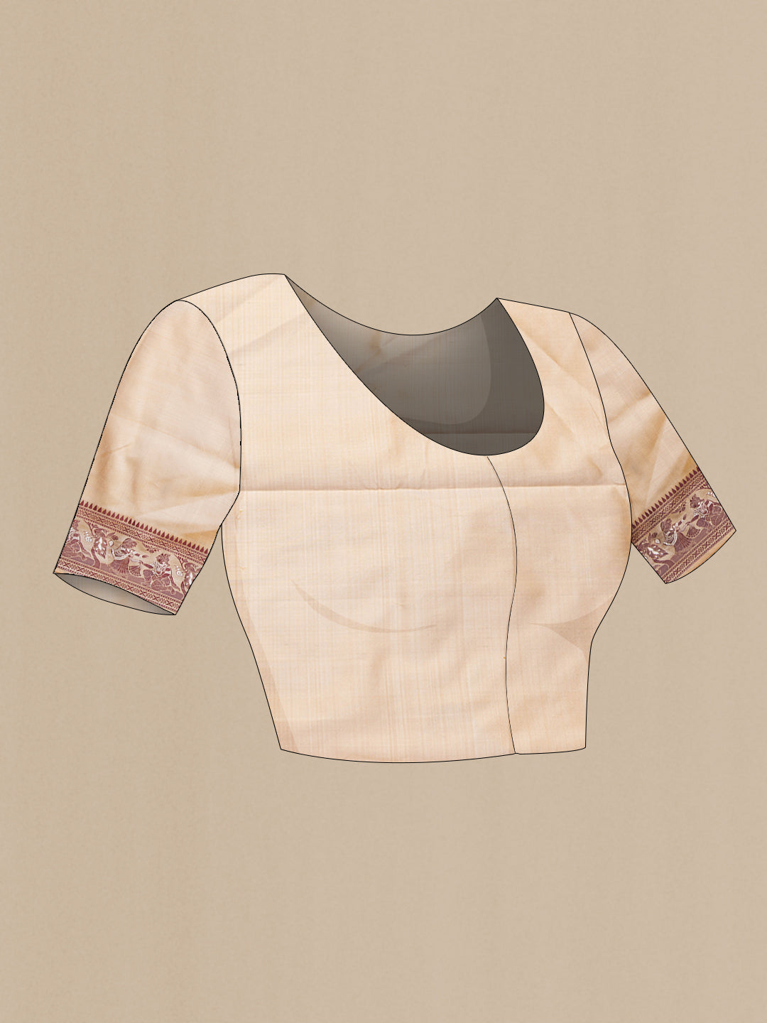 Close up image of the blouse of Dark Beige Dual Tone Baluchari Silk Saree with Thread Butta on the body and Thread Border. 