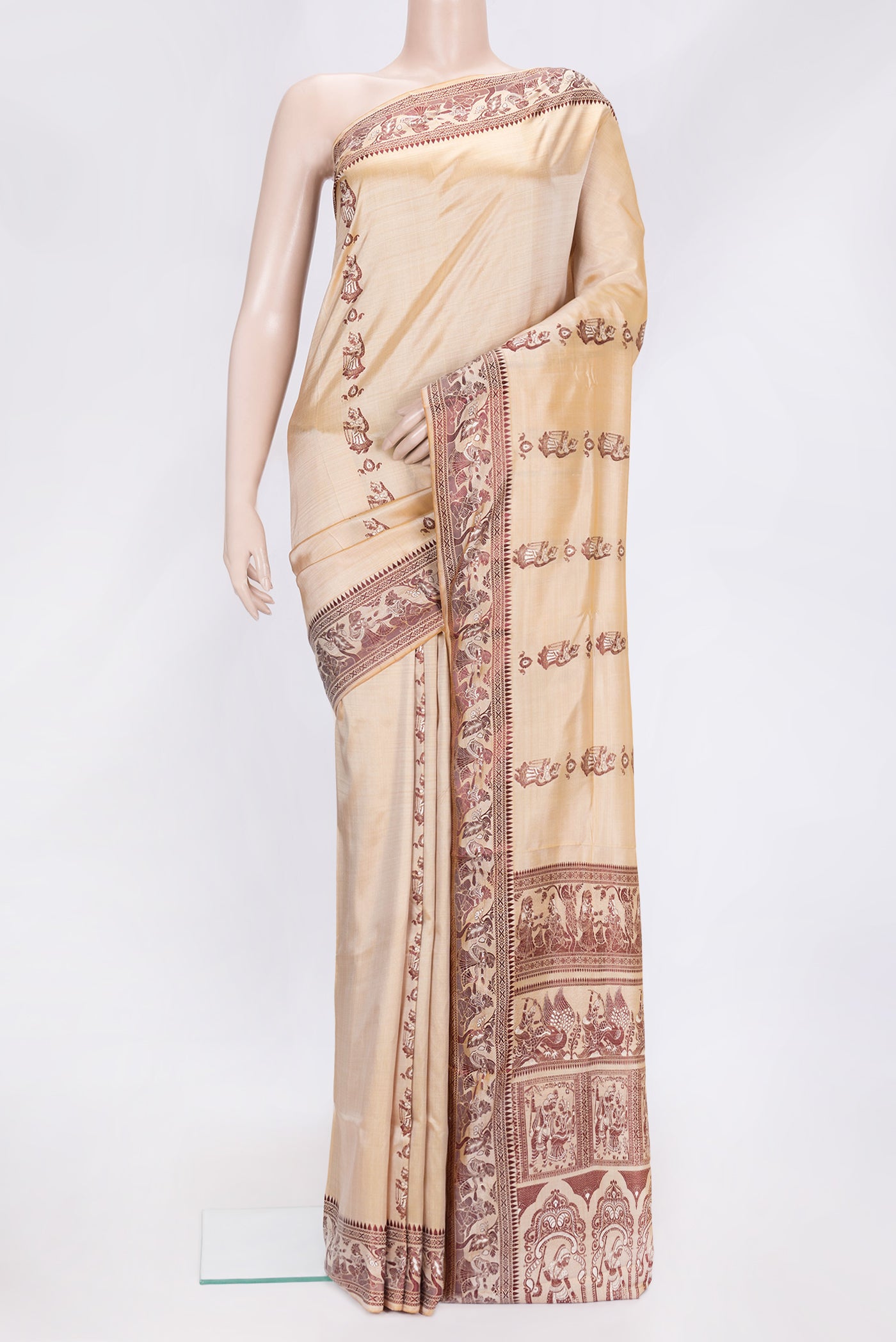 Dark Beige Dual Tone Baluchari Silk Saree with Thread Butta on the body and Thread Border.  displayed on a mannequin