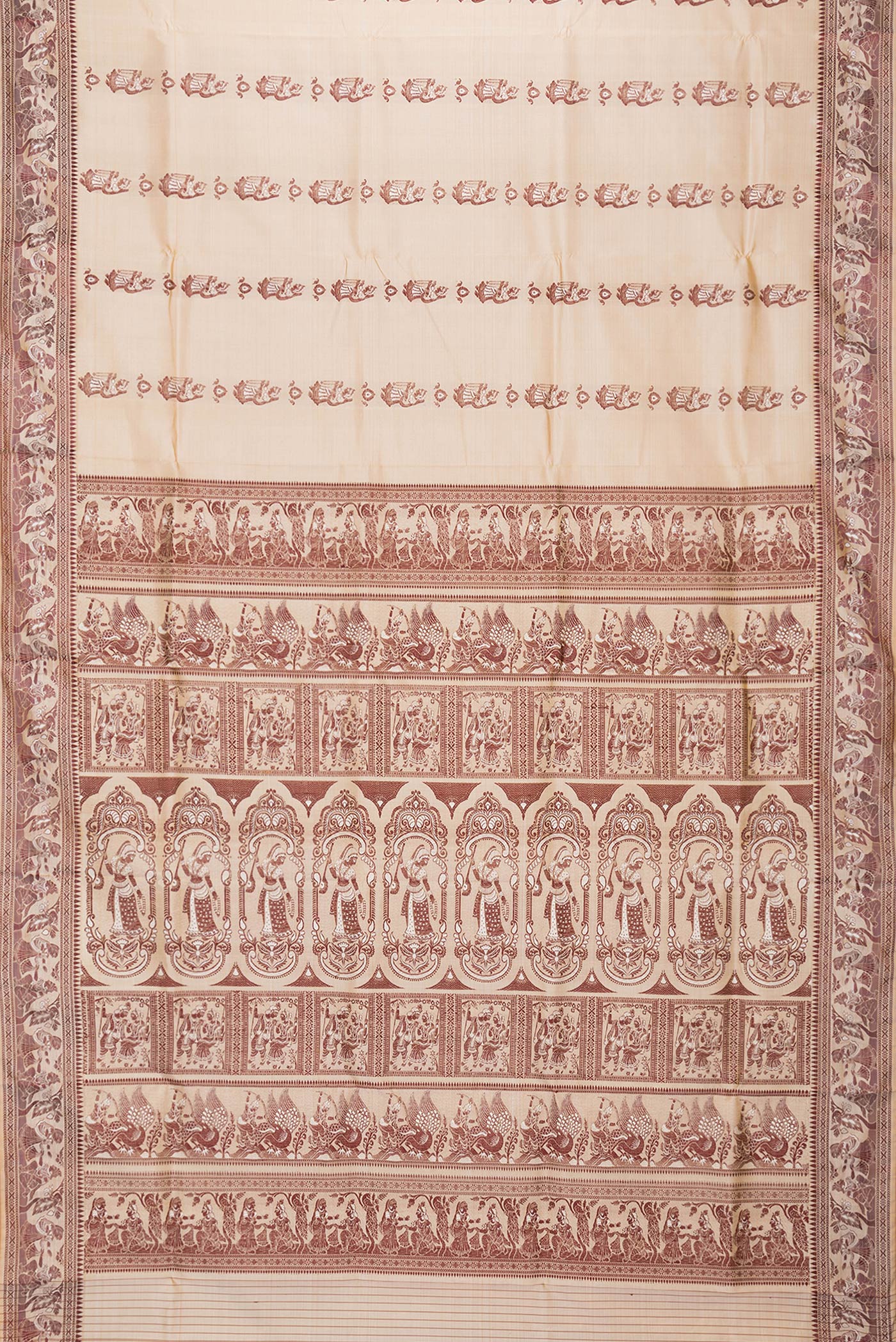 Flat view of Dark Beige Dual Tone Baluchari Silk Saree with Thread Butta on the body and Thread Border. 