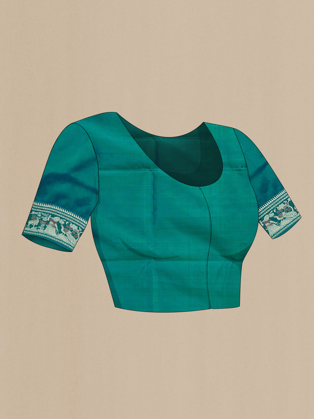 Close up image of the blouse of Green Dual Tone Baluchari Silk Saree with Thread Butta on the body and Thread Border. 