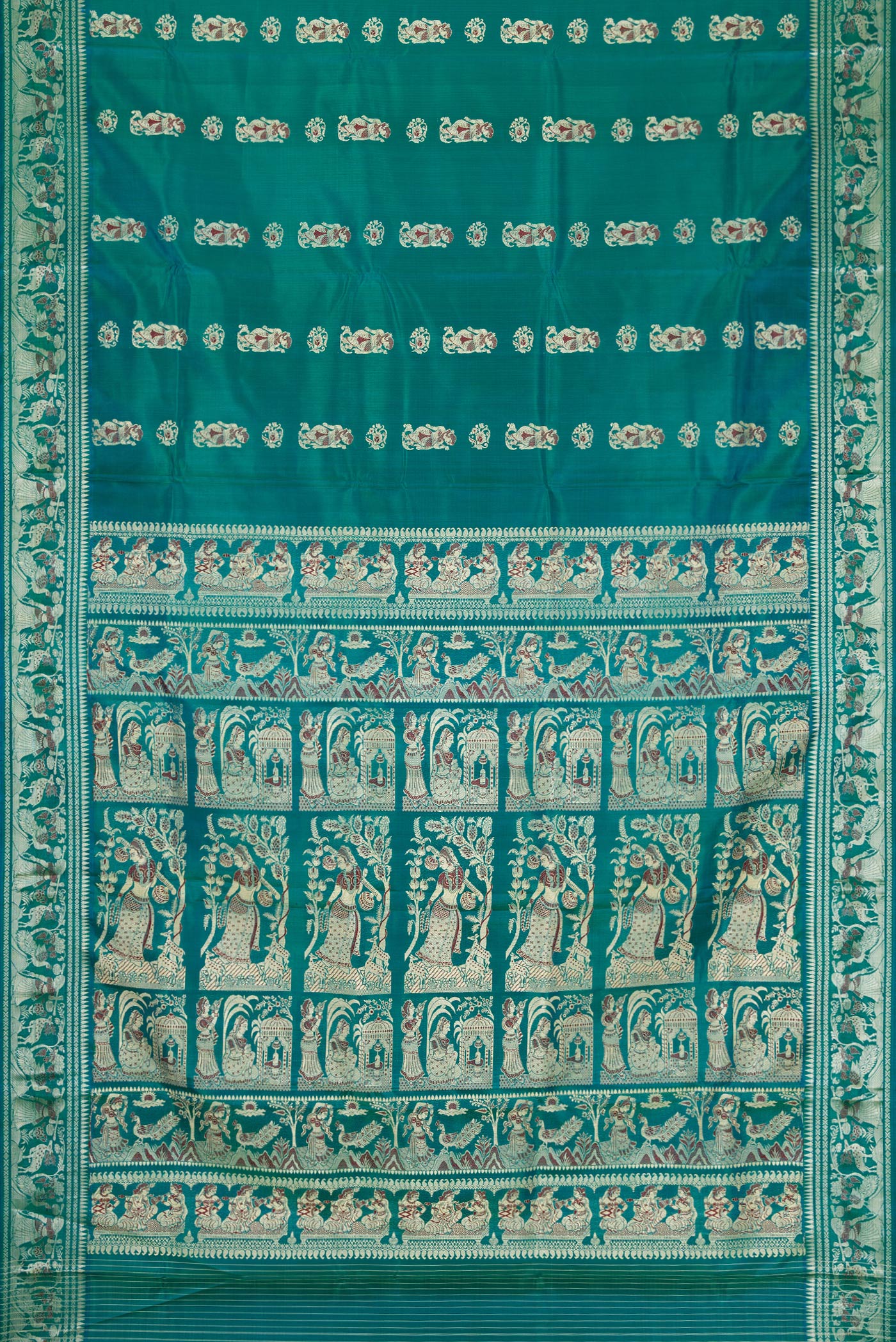 Flat view of Green Dual Tone Baluchari Silk Saree with Thread Butta on the body and Thread Border. 