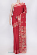 Red Dual Tone Baluchari Silk Saree with Thread Butta on the body and Fancy Border.  displayed on a mannequin