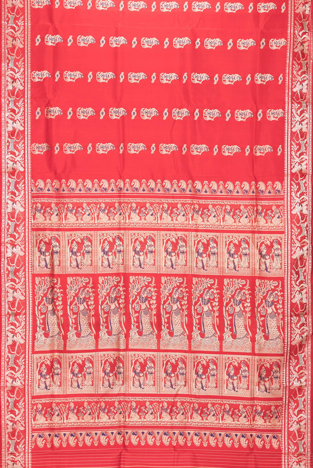 Flat view of Red Dual Tone Baluchari Silk Saree with Thread Butta on the body and Fancy Border. 