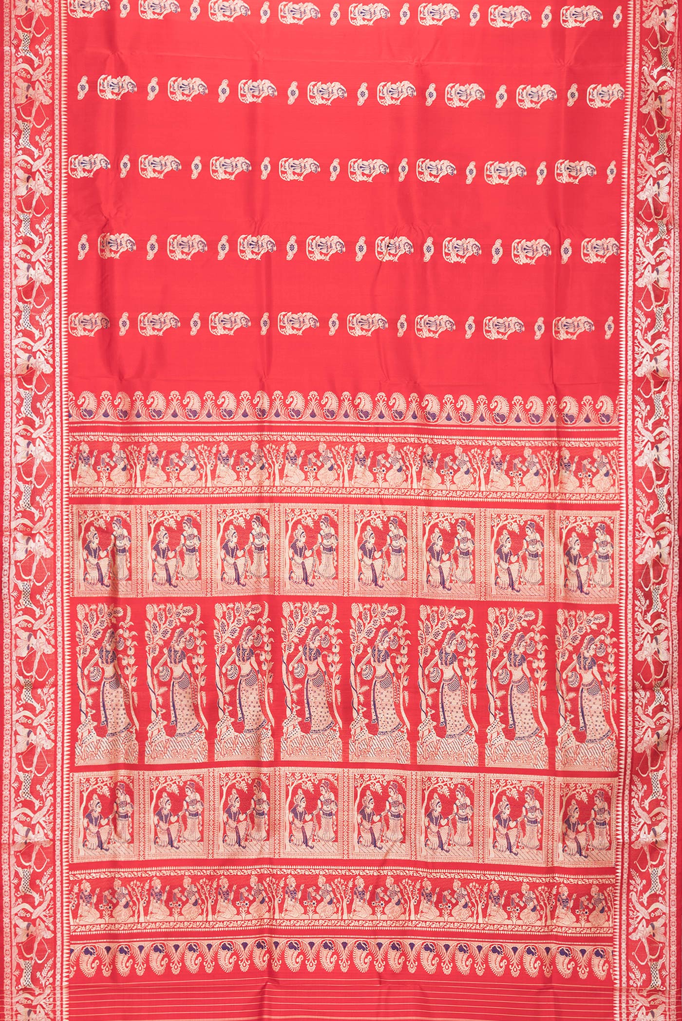 Flat view of Red Dual Tone Baluchari Silk Saree with Thread Butta on the body and Fancy Border. 