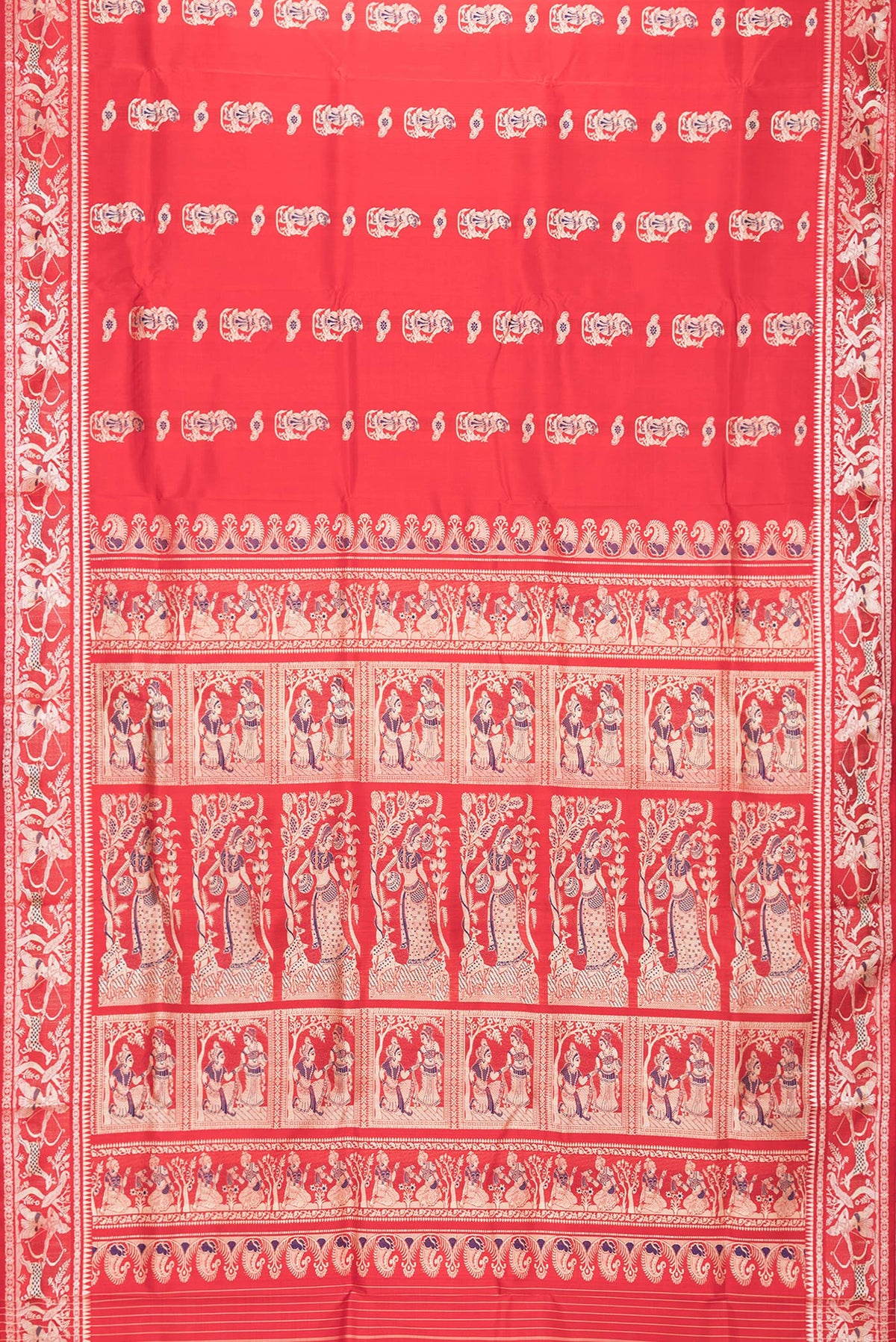 Flat view of Red Dual Tone Baluchari Silk Saree with Thread Butta on the body and Fancy Border. 