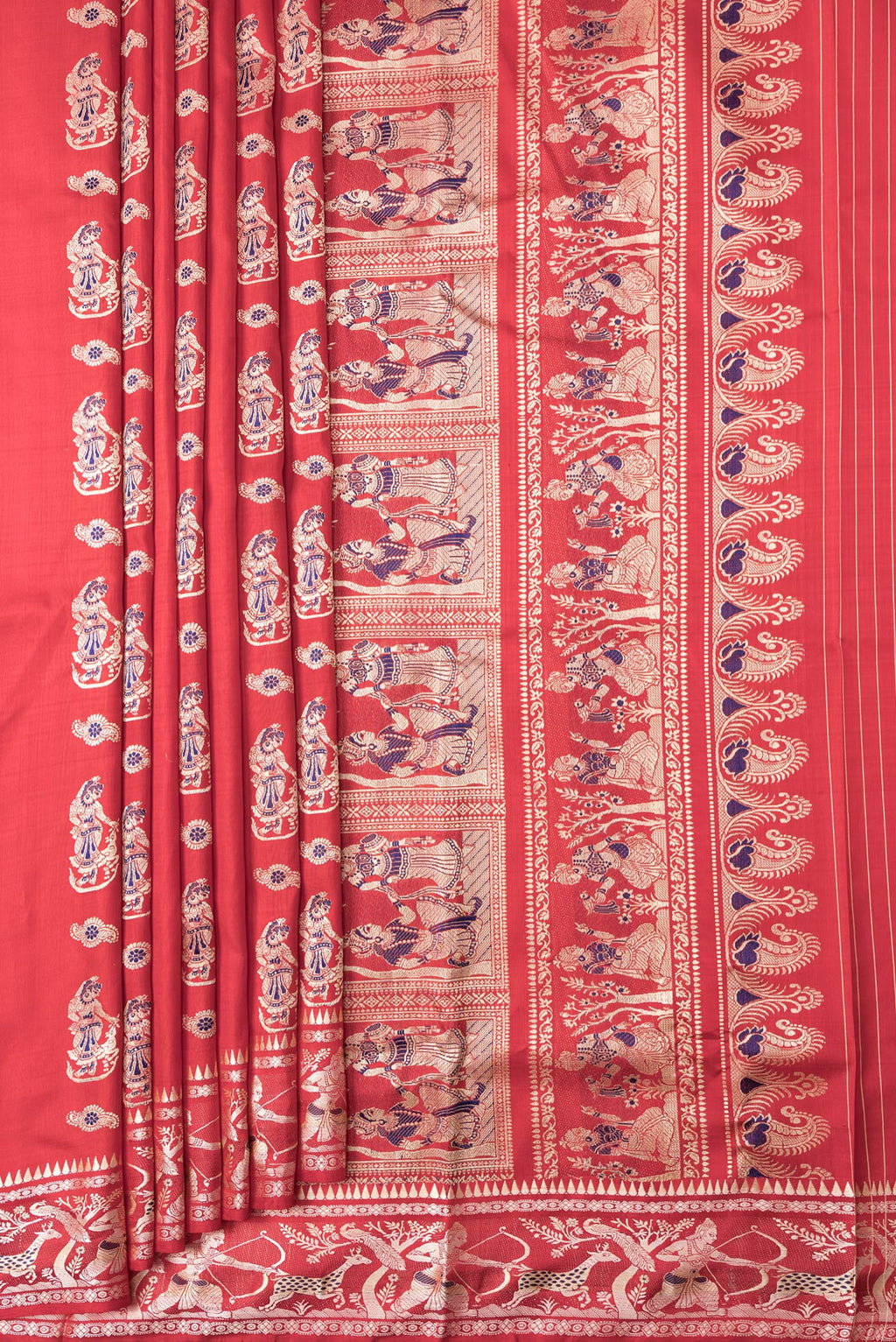 Pleats and pallu of Red Dual Tone Baluchari Silk Saree with Thread Butta on the body and Fancy Border. 