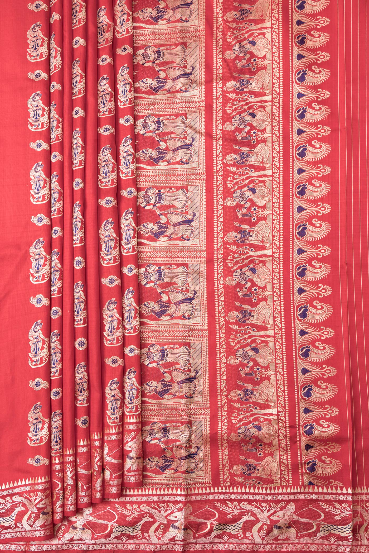 Pleats and pallu of Red Dual Tone Baluchari Silk Saree with Thread Butta on the body and Fancy Border. 