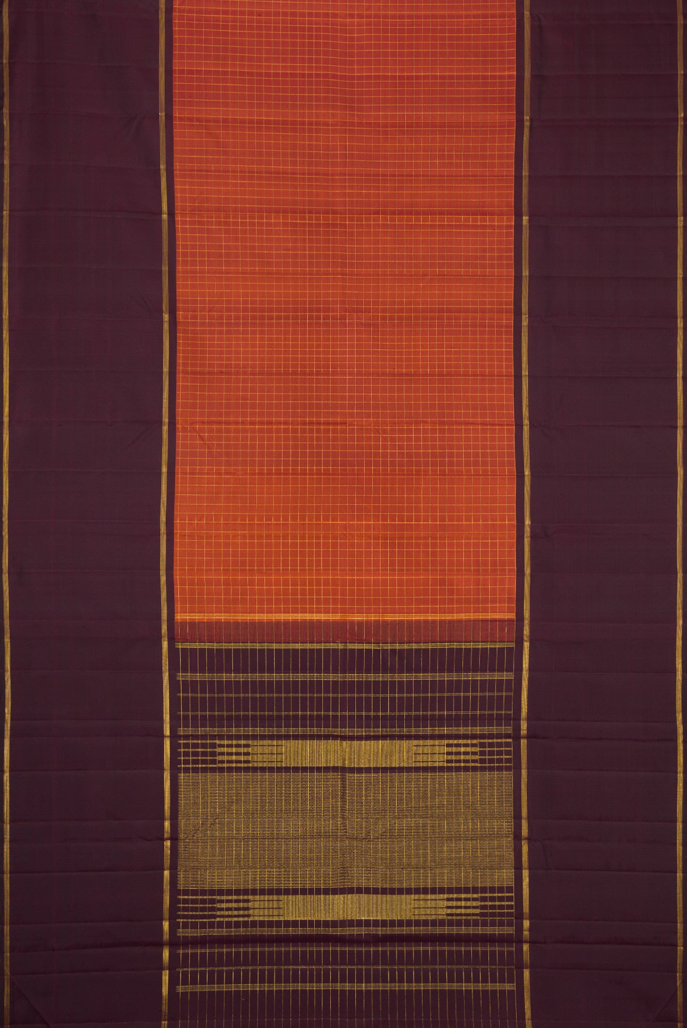 Flat view of Brick Orange Dual Tone Kanjivaram Silk Saree with Checked design on the body and Zari Border. 