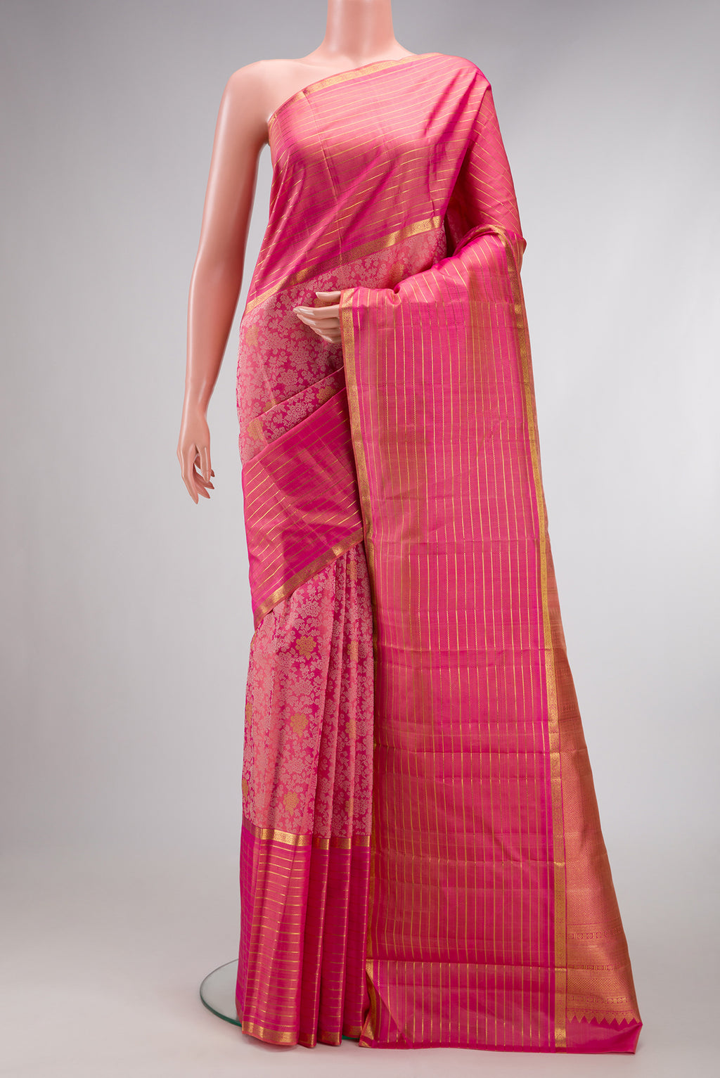 Pink Dual Tone Kanchipuram Silk Saree with Jacquard With Zari Butta on the body and Zari Border.  displayed on a mannequin