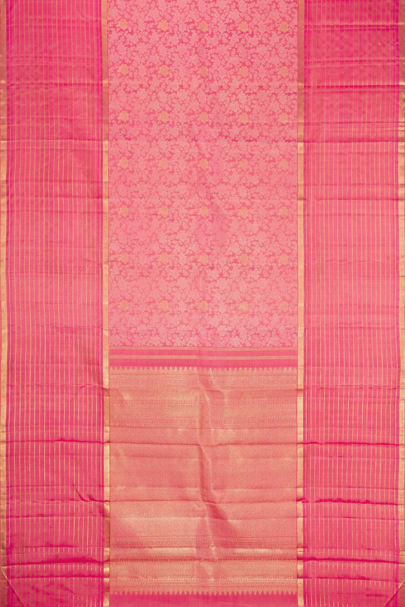 Flat view of Pink Dual Tone Kanchipuram Silk Saree with Jacquard With Zari Butta on the body and Zari Border. 