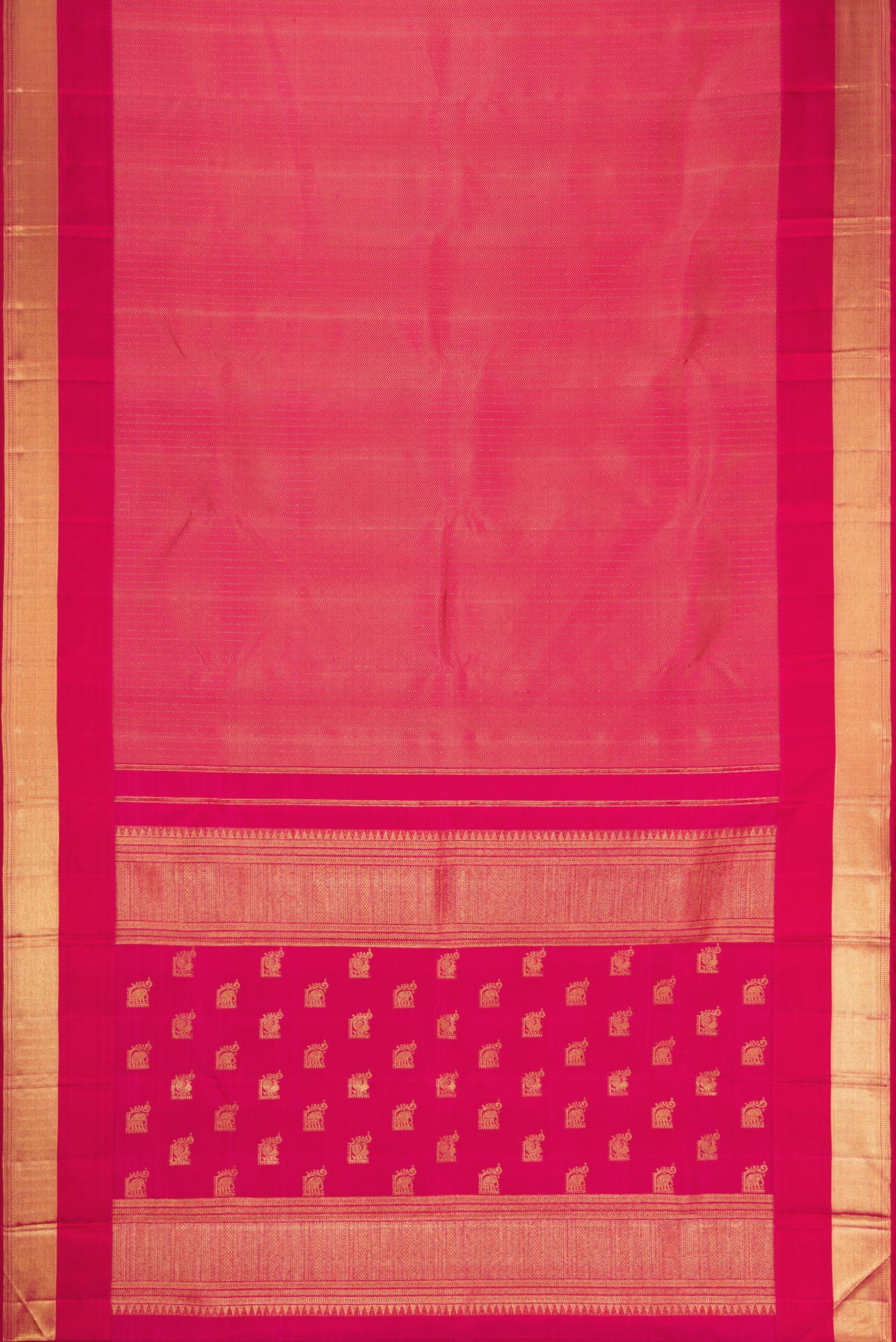 Flat view of Dark Pink Dual Tone Kanchipuram Silk Saree with Jacquard design on the body and Zari Border. 