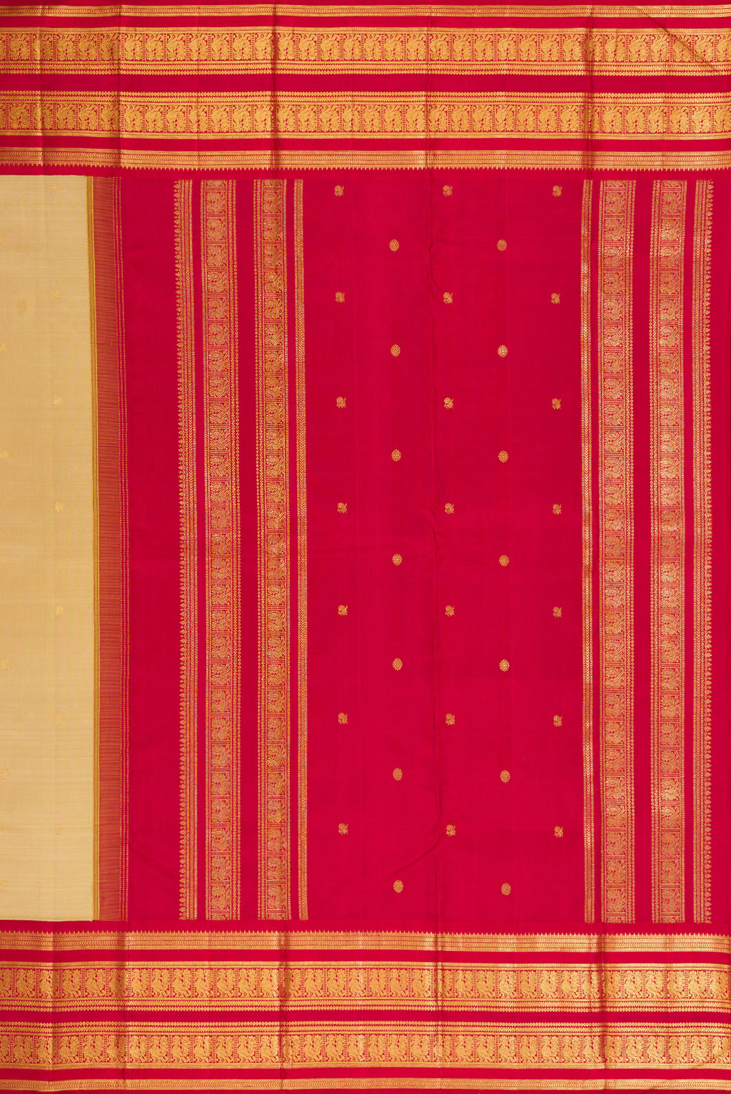 Close up image of the pallu of Dark Beige Dual Tone Kanchipuram Silk Saree with Zari Butta on the body and Zari Border. 