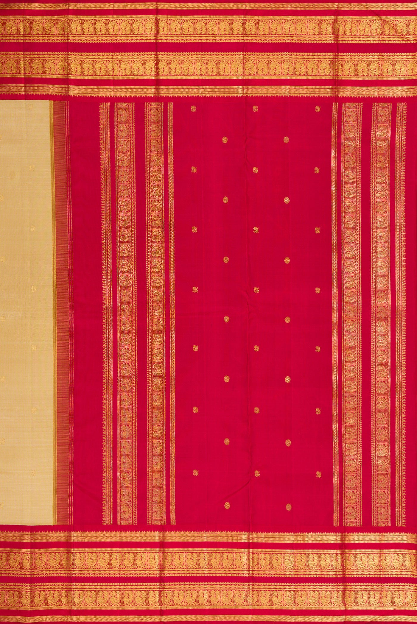 Close up image of the pallu of Dark Beige Dual Tone Kanchipuram Silk Saree with Zari Butta on the body and Zari Border. 
