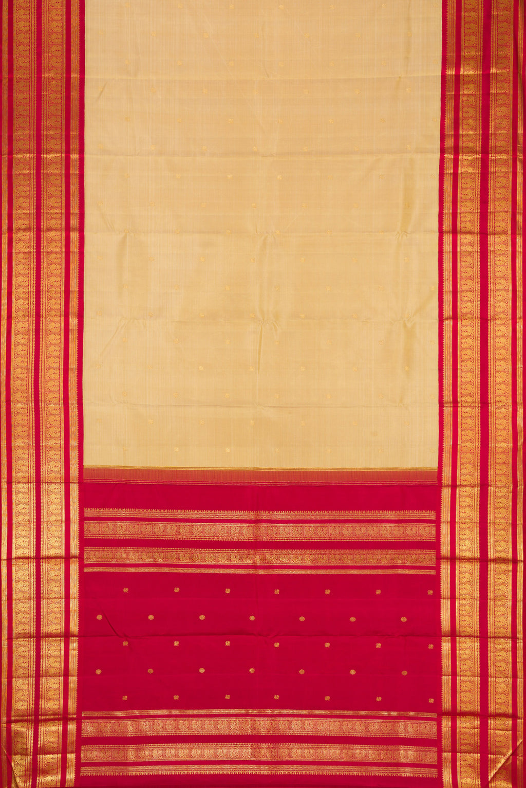 Flat view of Dark Beige Dual Tone Kanchipuram Silk Saree with Zari Butta on the body and Zari Border. 