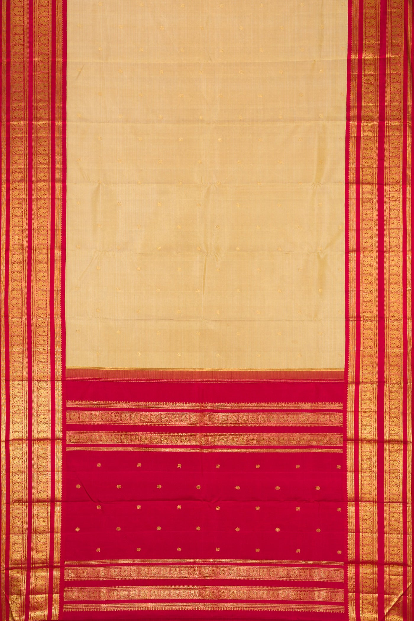 Flat view of Dark Beige Dual Tone Kanchipuram Silk Saree with Zari Butta on the body and Zari Border. 