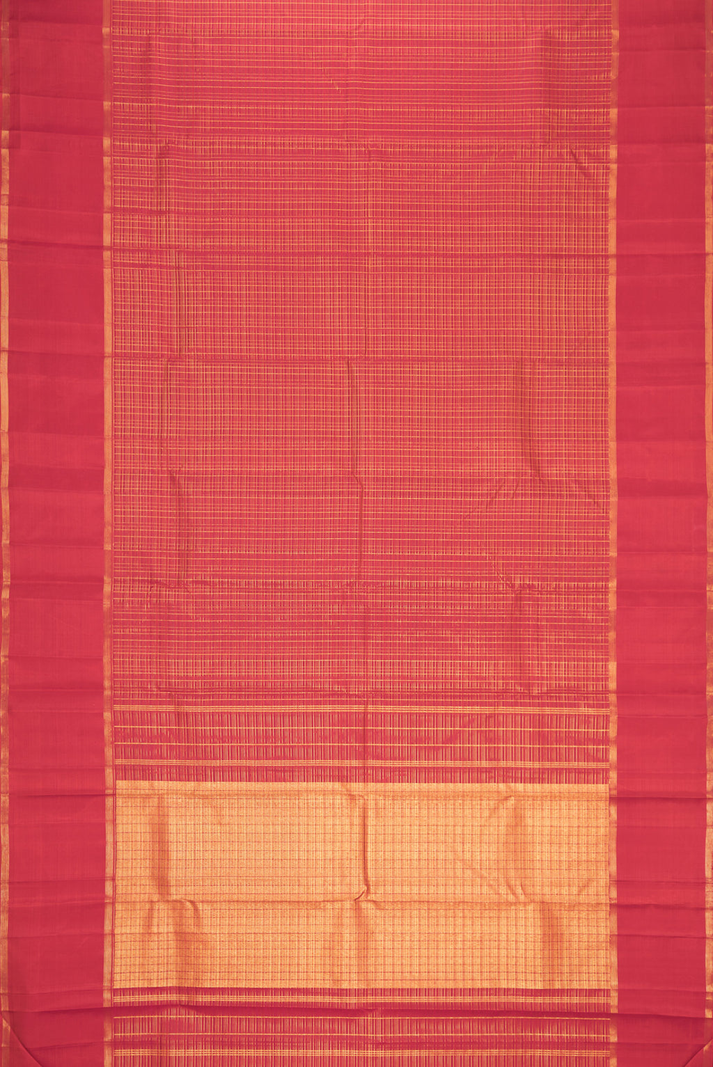 Flat view of Dark Pink Dual Tone Kanchipuram Silk Saree with Checked design on the body and Zari Border. 