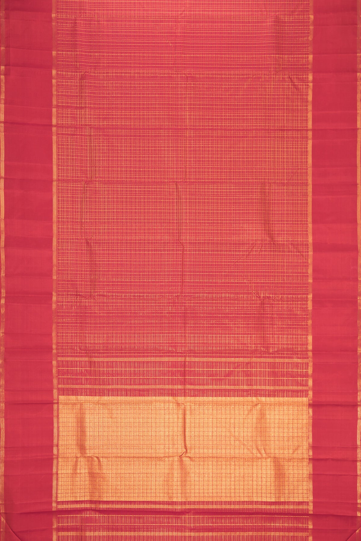 Flat view of Dark Pink Dual Tone Kanchipuram Silk Saree with Checked design on the body and Zari Border. 