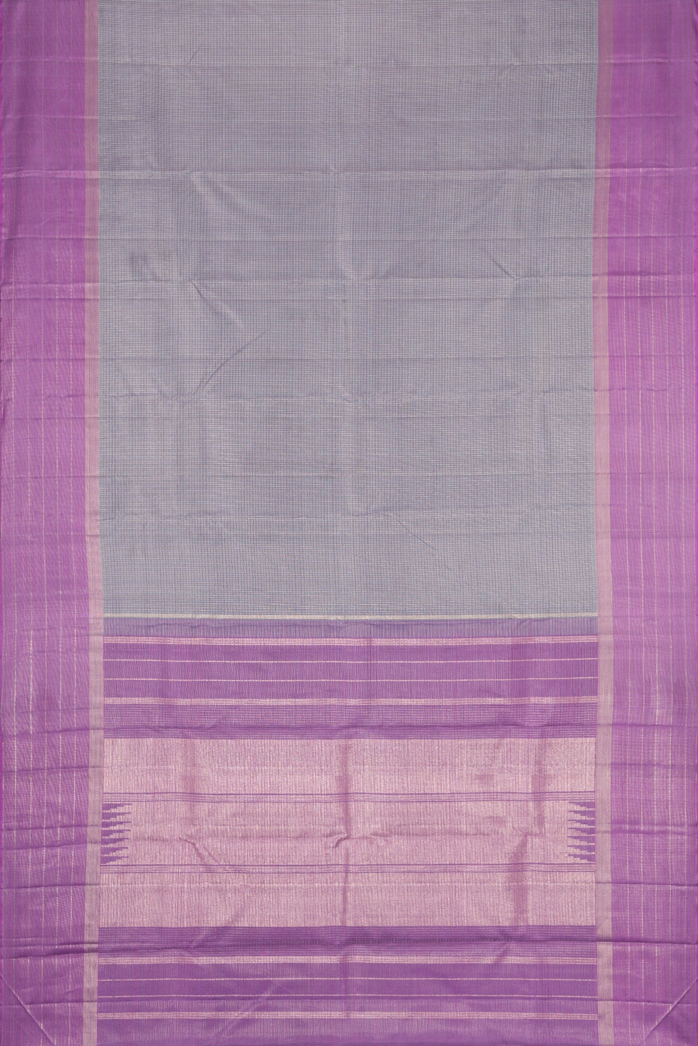 Flat view of Grey Dual Tone Kanjivaram Silk Saree with Zari Butta on the body and Zari Border. 