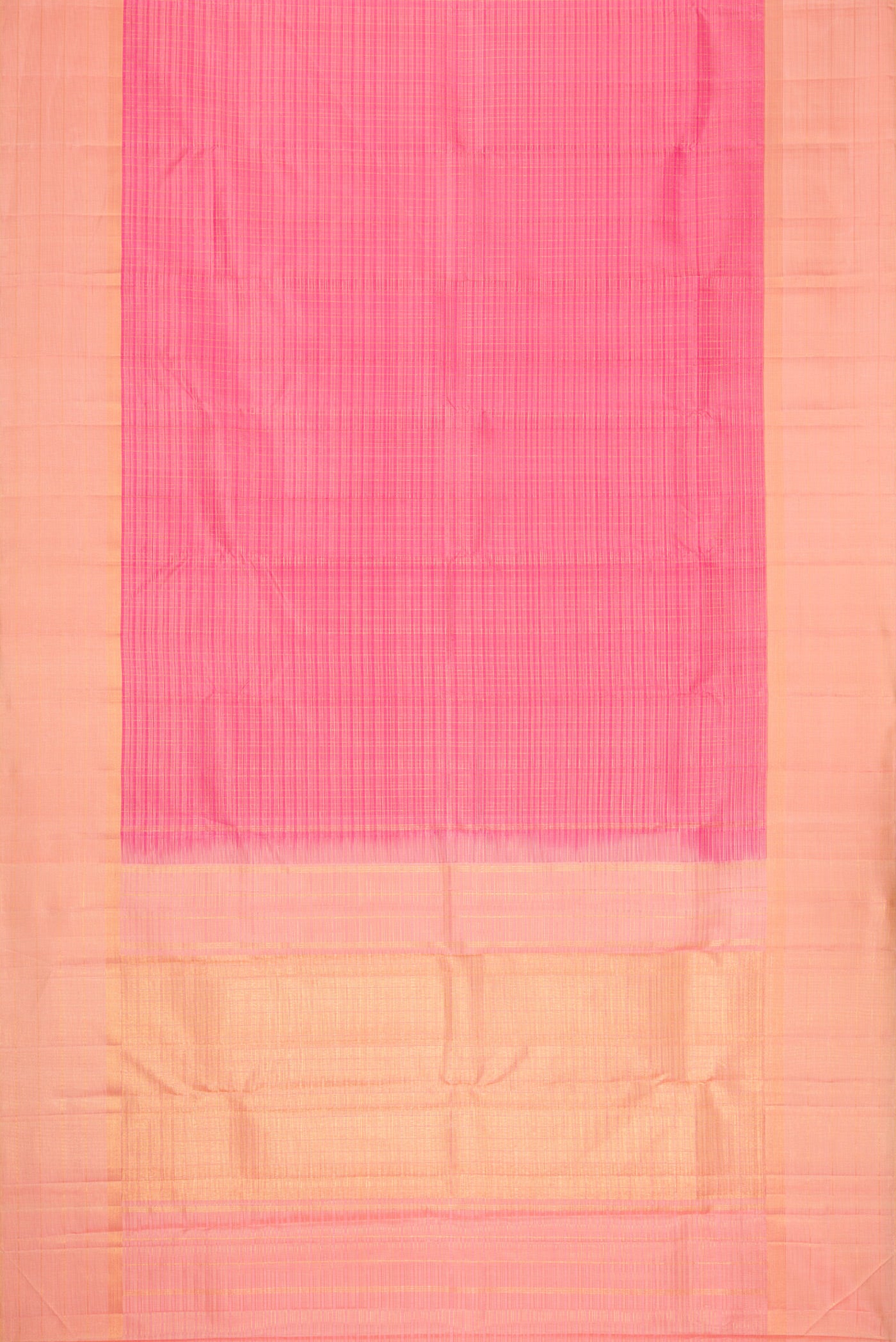 Flat view of Pink Dual Tone Kanjivaram Silk Saree with Stripes on the body and Zari Border. 