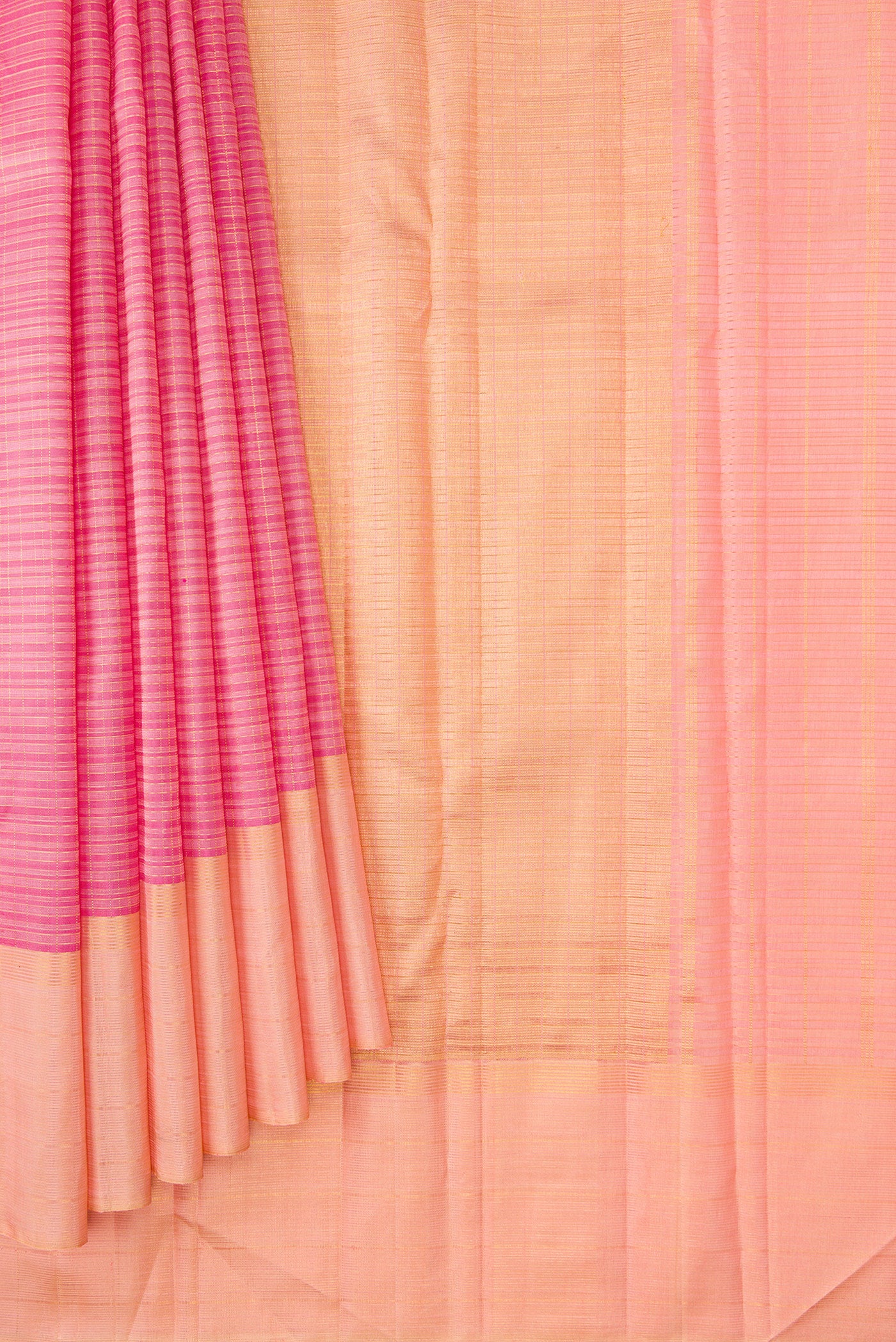 Pleats and pallu of Pink Dual Tone Kanjivaram Silk Saree with Stripes on the body and Zari Border. 