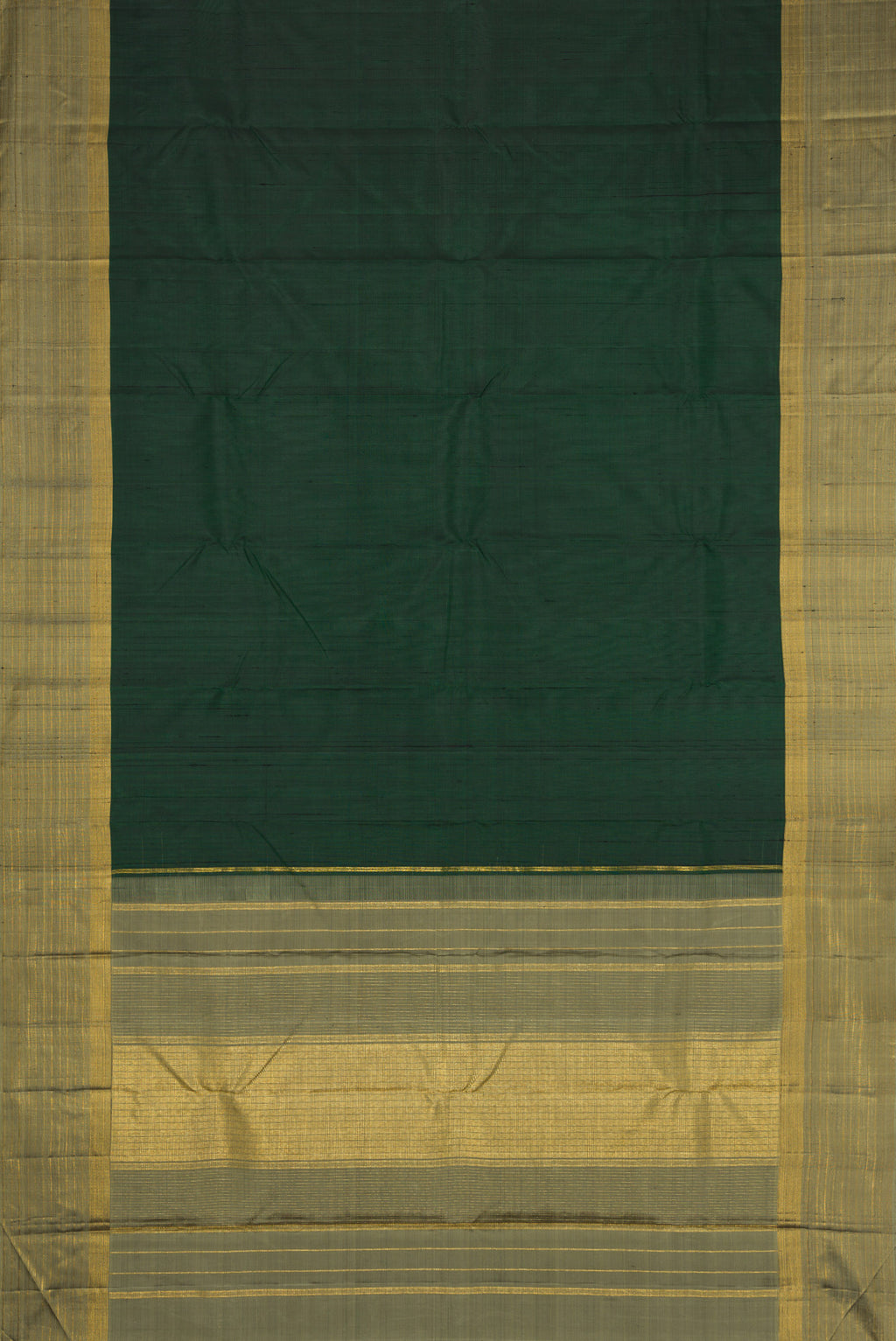 Flat view of Bottle Green Dual Tone Kanjivaram Silk Saree with Plain Body and Zari Border. 