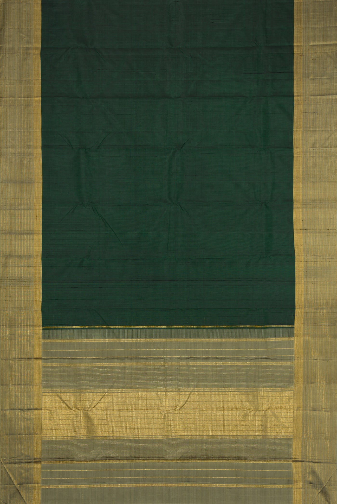 Flat view of Bottle Green Dual Tone Kanjivaram Silk Saree with Plain Body and Zari Border. 