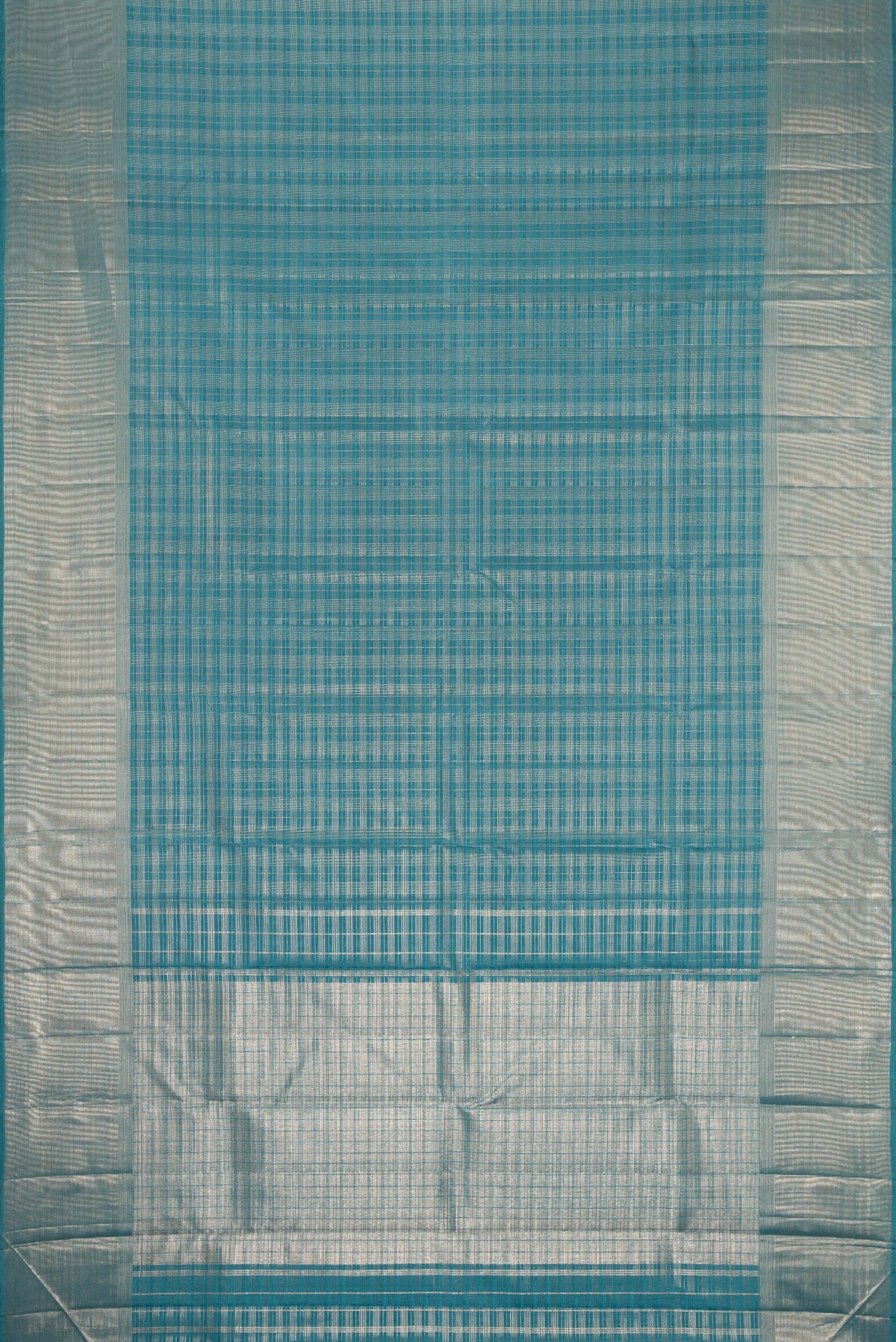 Flat view of Maya Blue Dual Tone Kanjivaram Silk Saree with Checked design on the body and Zari Border. 