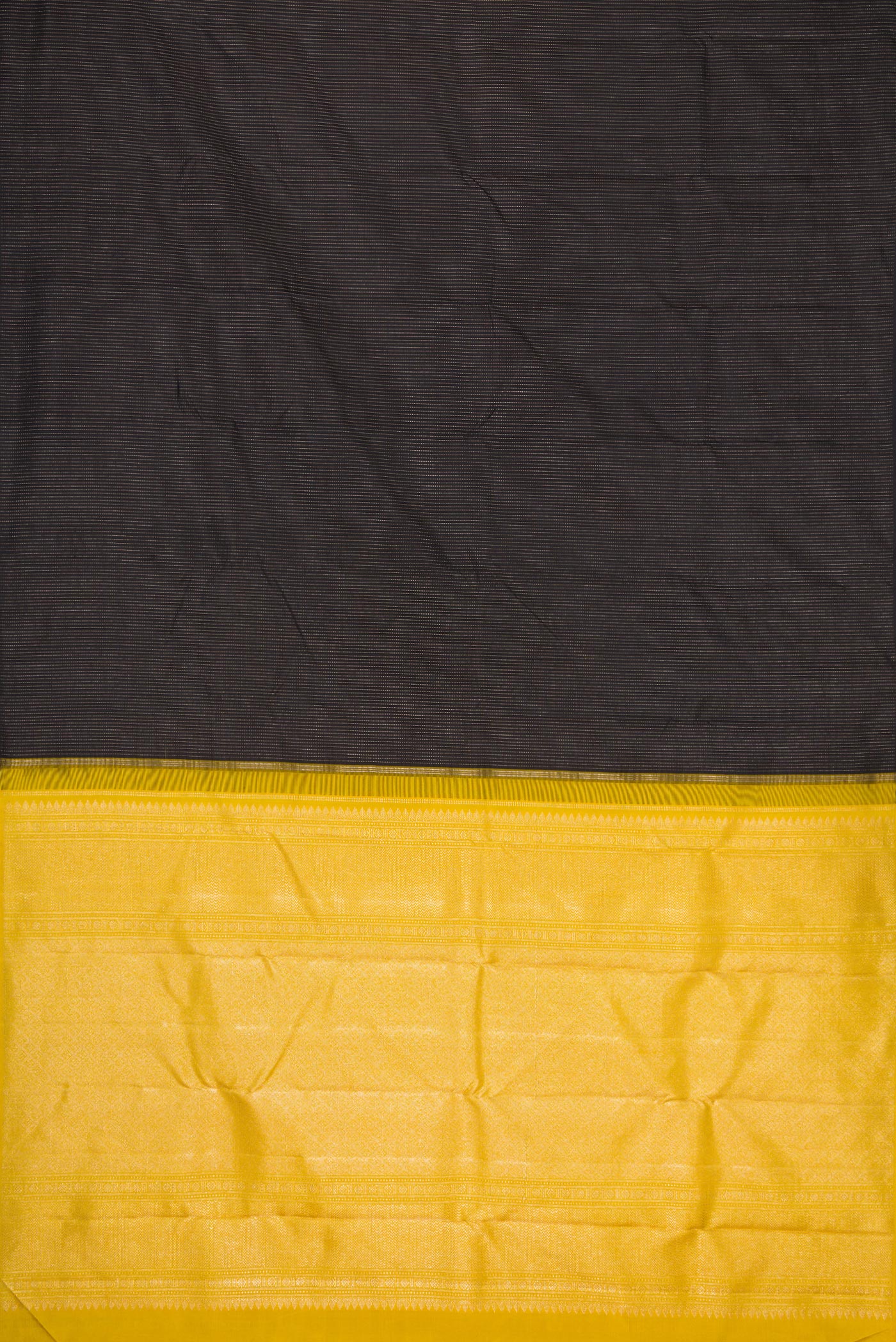 Flat view of Black Dual Tone Kanjivaram Silk Saree with Stripes on the body and Without Border. 