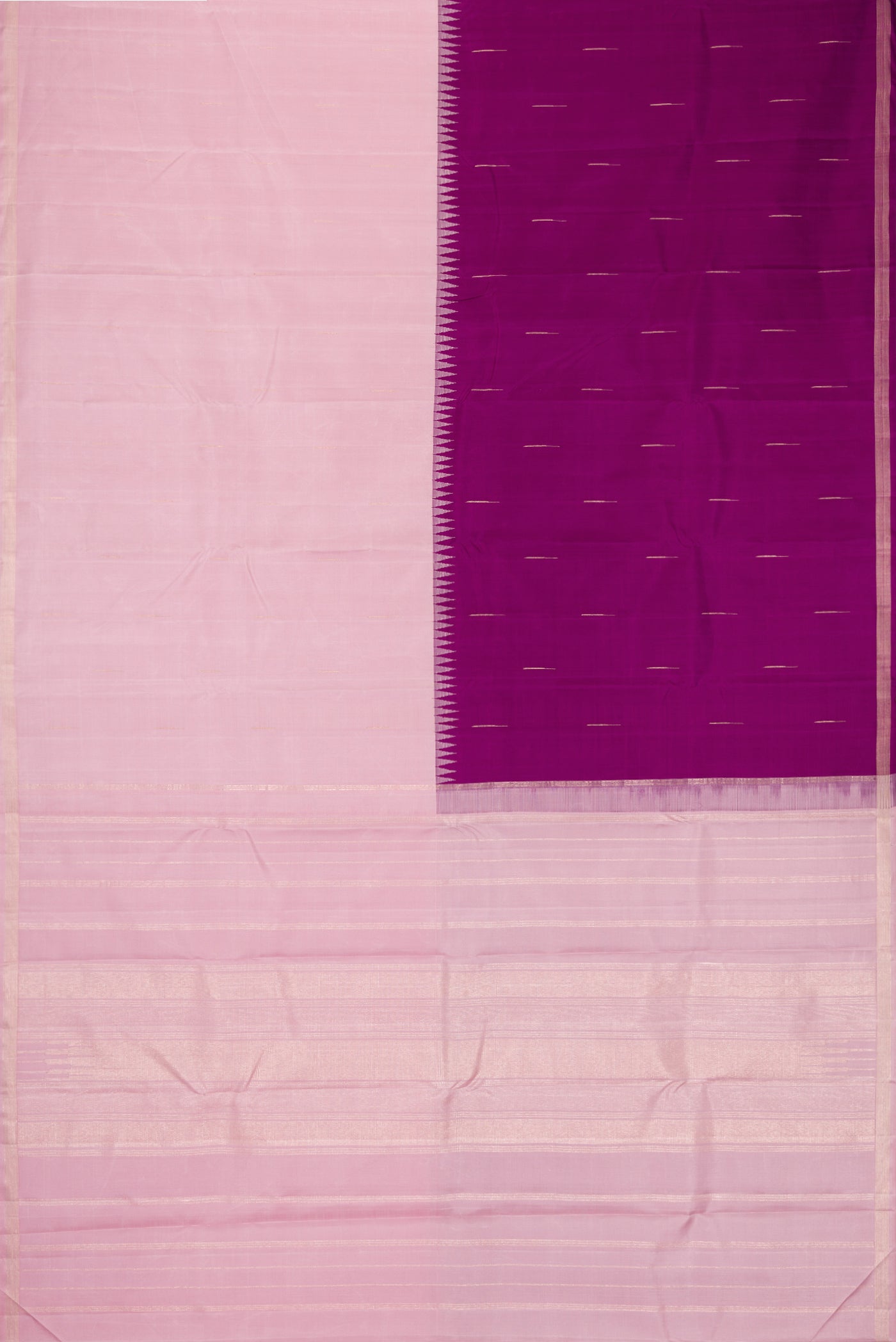 Flat view of Pink and Purple Color Kanjivaram Silk Saree with Half And Half on the body and Without Border. 
