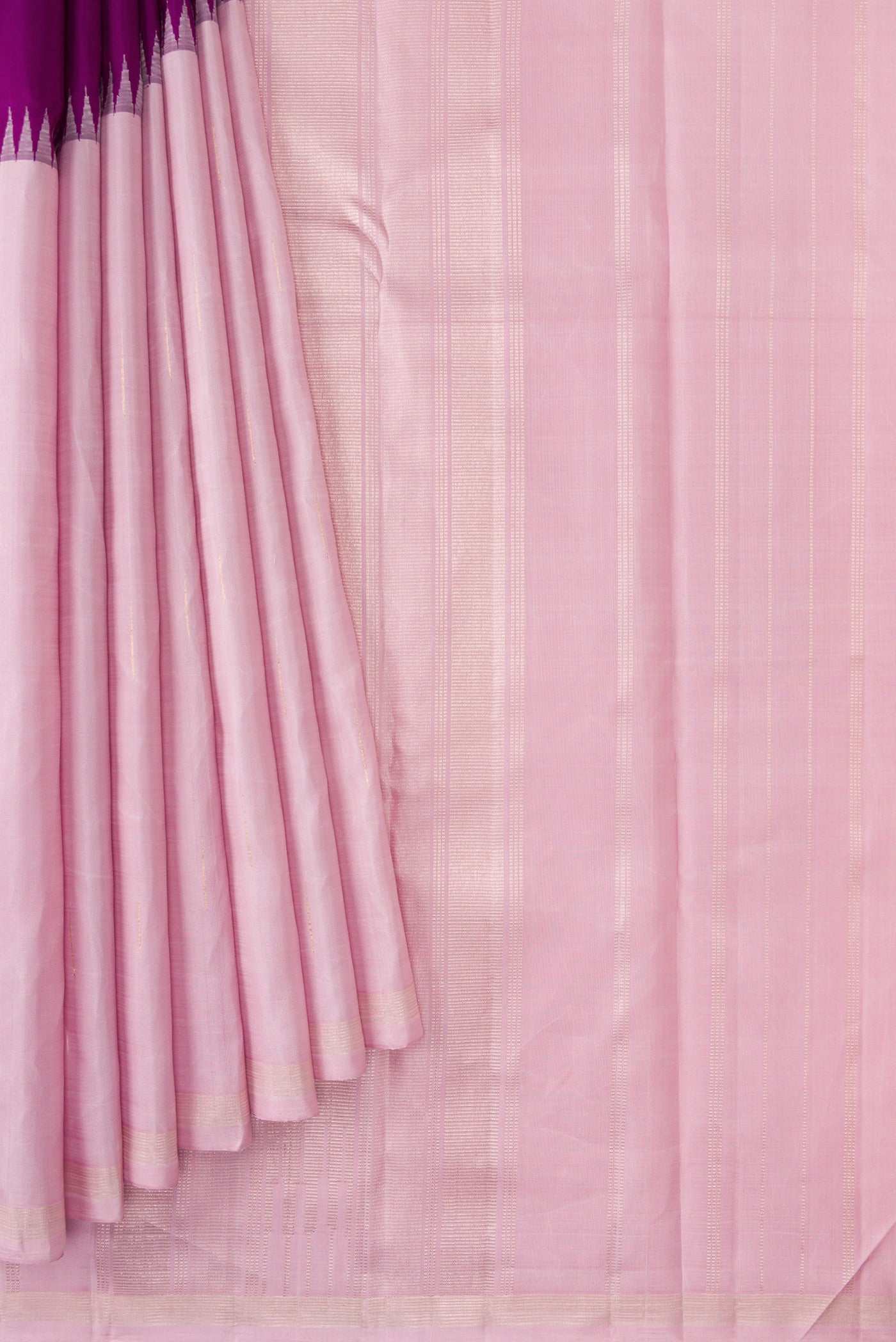 Pleats and pallu of Pink and Purple Color Kanjivaram Silk Saree with Half And Half on the body and Without Border. 
