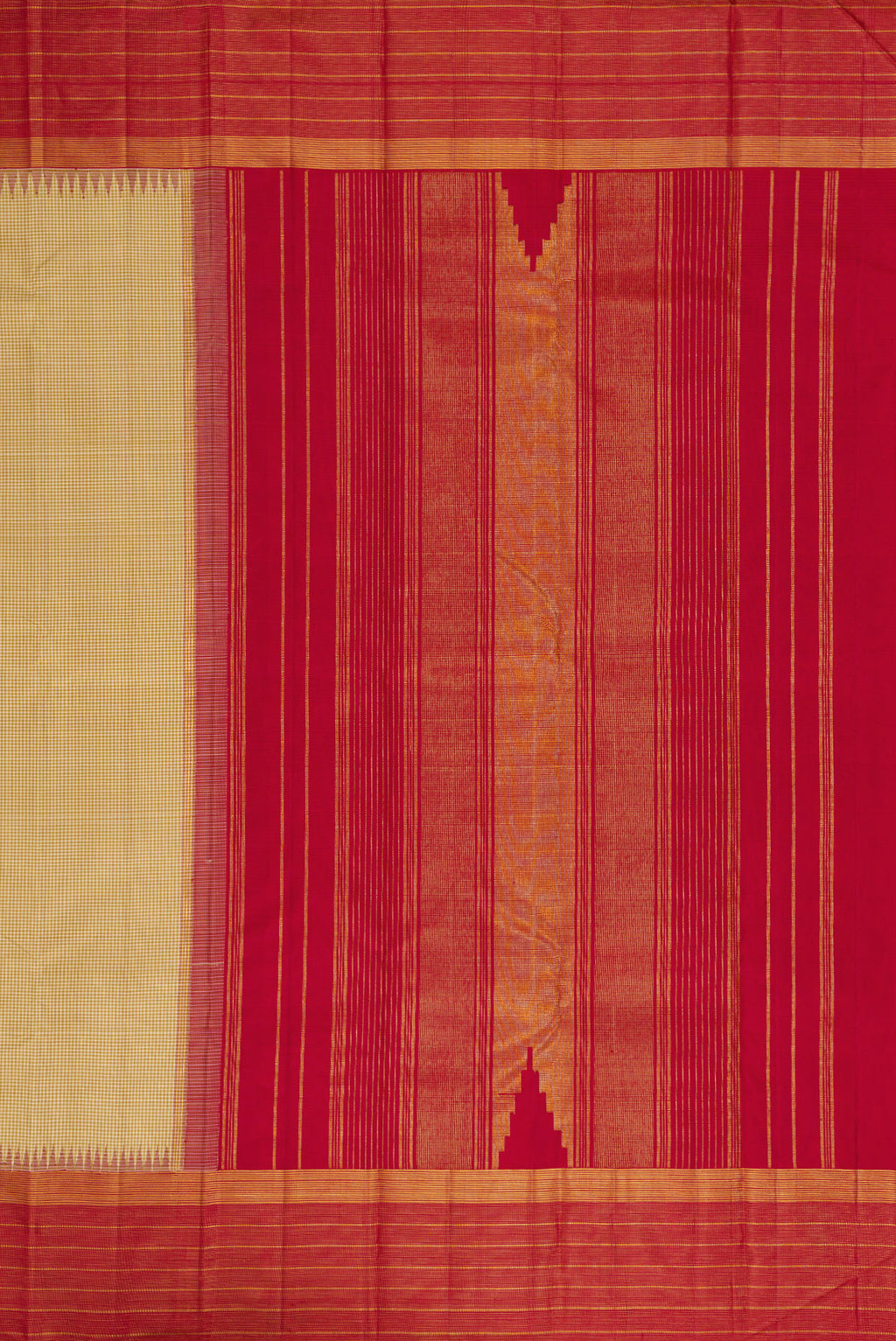 Close up image of the pallu of Beige Dual Tone Kanjivaram Silk Saree with Checked design on the body and Zari Border. 