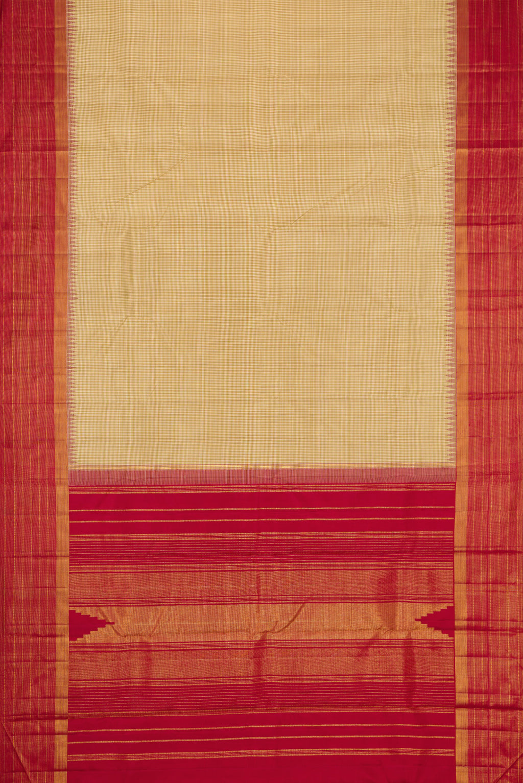 Flat view of Beige Dual Tone Kanjivaram Silk Saree with Checked design on the body and Zari Border. 