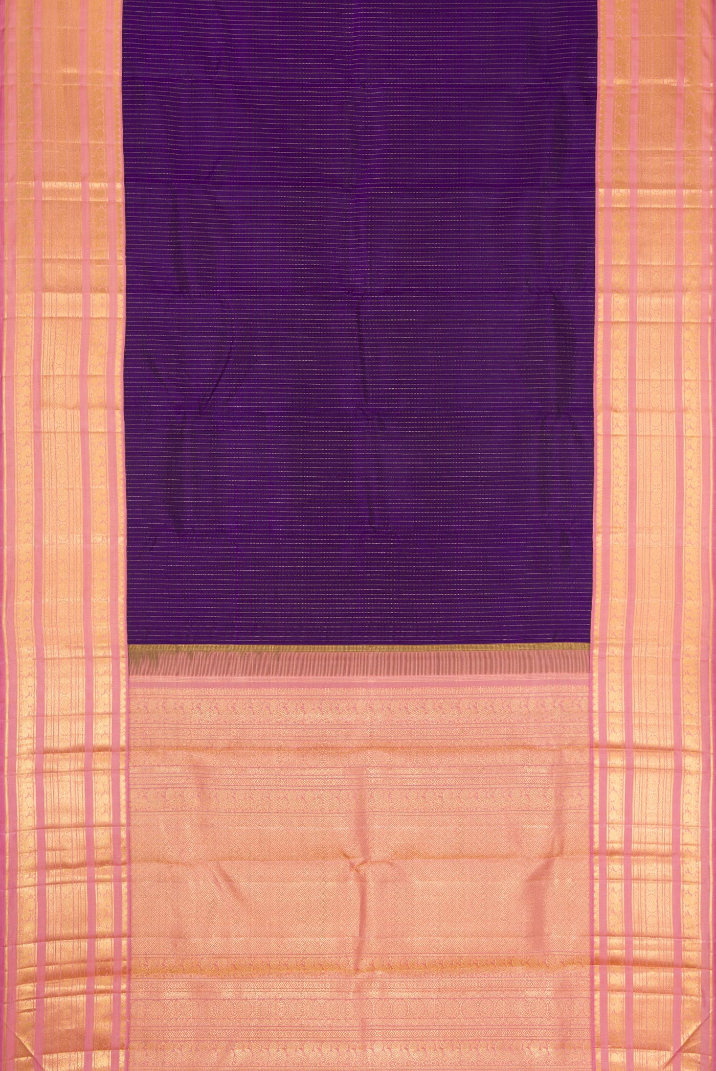 Flat view of Violet Dual Tone Kanchipuram Silk Saree with Stripes on the body and Zari Border. 