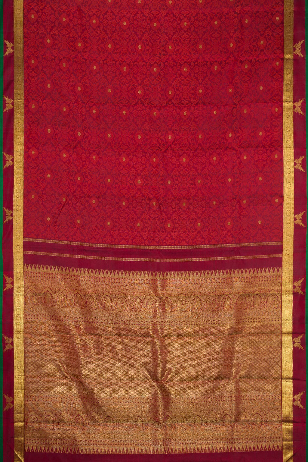 Flat view of Maroon Dual Tone Kanchipuram Silk Saree with Jacquard With Zari Butta on the body and Zari Border. 