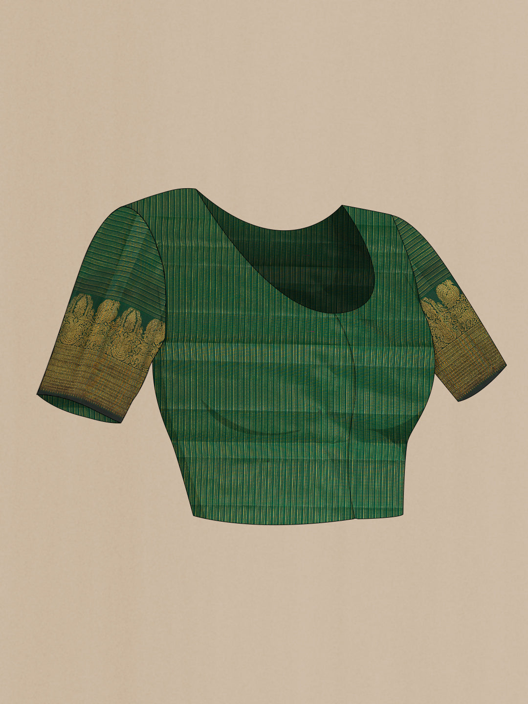 Close up image of the blouse of Green Dual Tone Kanchipuram Silk Saree with Zari Butta on the body and Zari Border. 